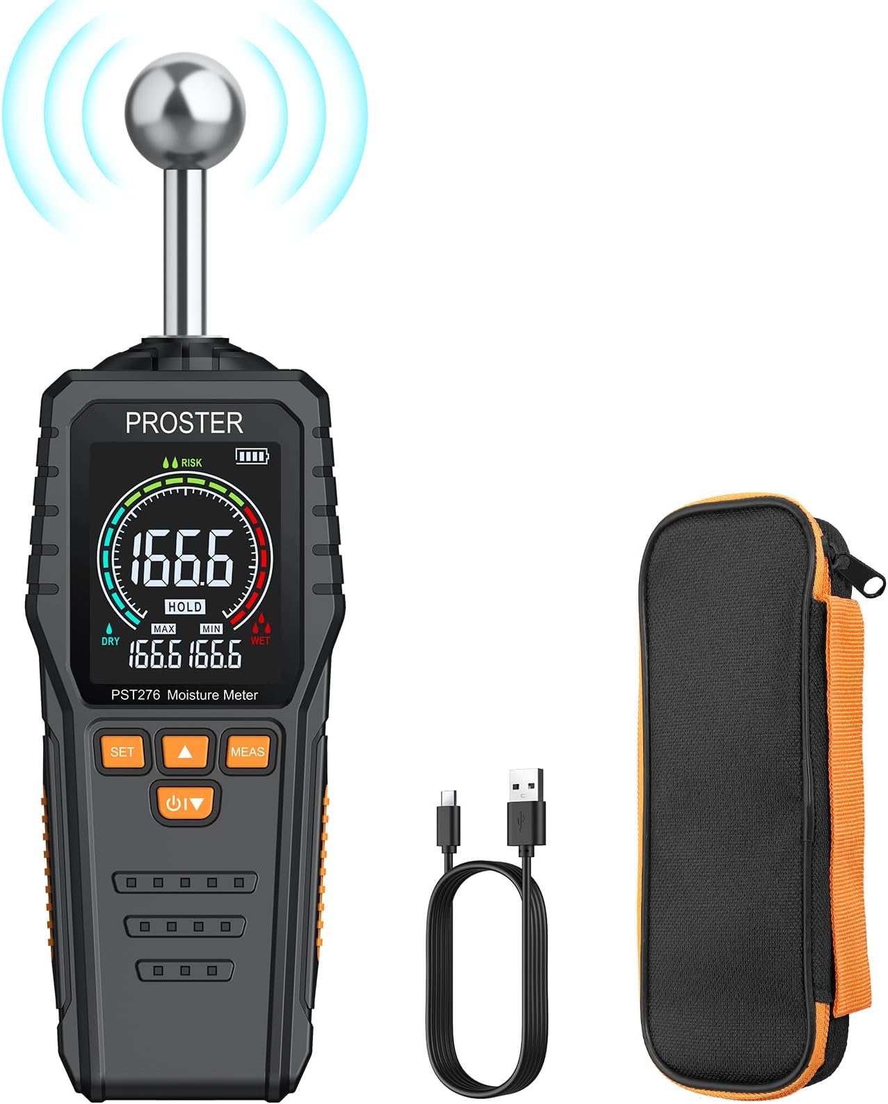 Proster Rechargeable Moisture Meter - Pinless Damp Meter for Walls with 2.4 inch Colour LCD Screen Sound Light Alarm Damp Detector Detects 5-40 mm Depth for Wood Building Cardboard Concrete