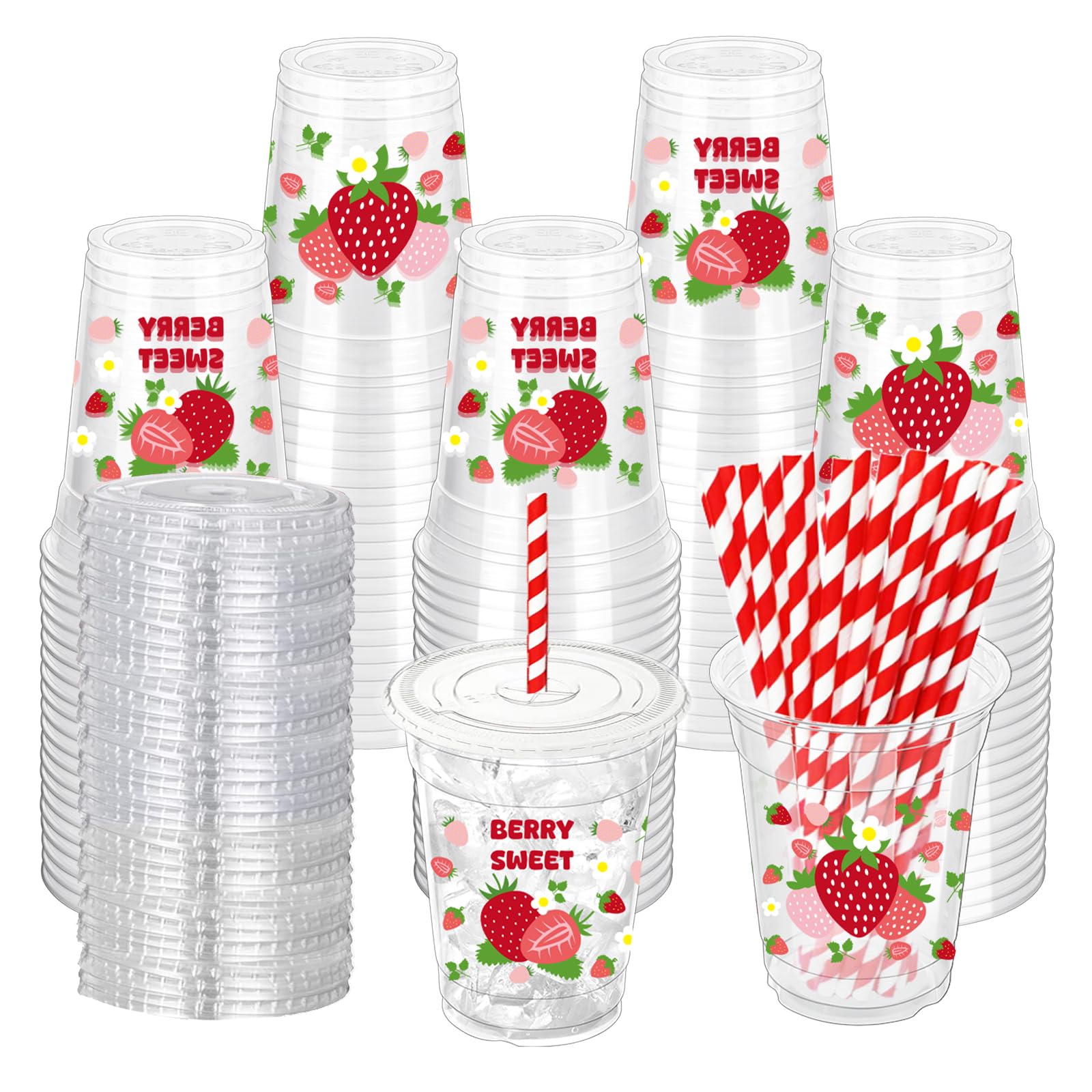 ZCPTZ 50 Pcs Strawberry Plastic Cups with Lids and Straws, 12 oz Strawberry Disposable Cups Pink Clear Strawberry Party Drinking Cups for Summer Spring Party Birthday Baby Shower Supplies
