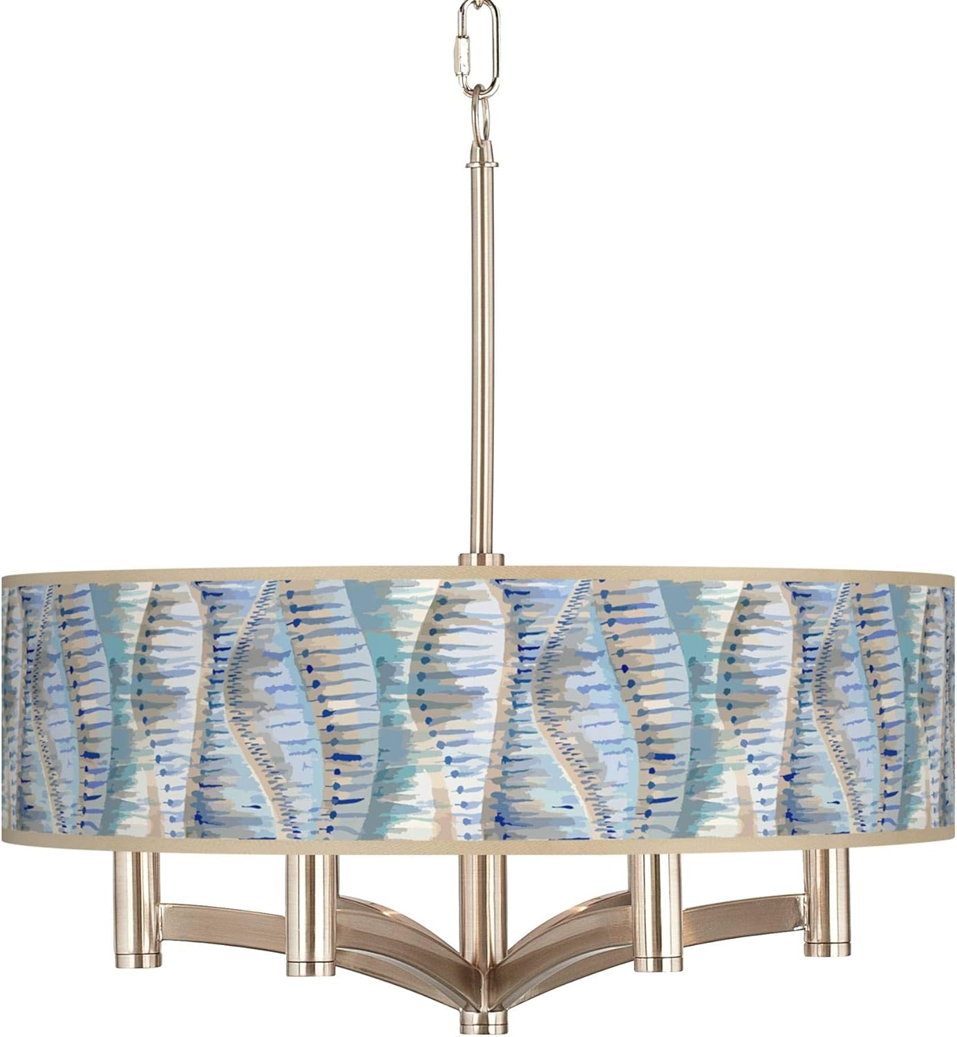 Giclee Glow Ava 20" Modern Coastal 6-Light Pendant Chandelier Ceiling Light Fixture Dining Room Over Table Kitchen Island Foyer Drum Hanging Siren Print Shade Blue Brushed Nickel Finish Metal