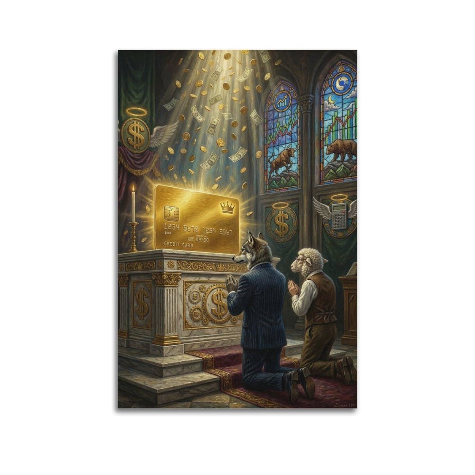 XKUGA Surreal Vintage Animal Poster Wolf Sheep Gold Altar Satire Modern Decorative Canvas Prints - Ideal Wall Art for Family, Man Cave, Game Room, Boys & Girls Bedroom 24x36inch(60x90cm)
