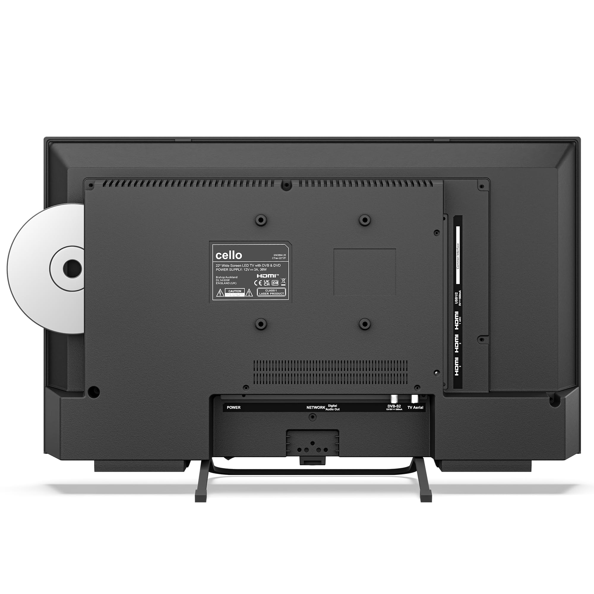 Cello CTRAV-22TZF Smart TV LED 22" 12V con lettore DVD, Tizen OS di Samsung, Gaming Hub, altoparlanti Pitch Perfect, Bluetooth, triplo sintonizzatore, ideale per camper e campeggio