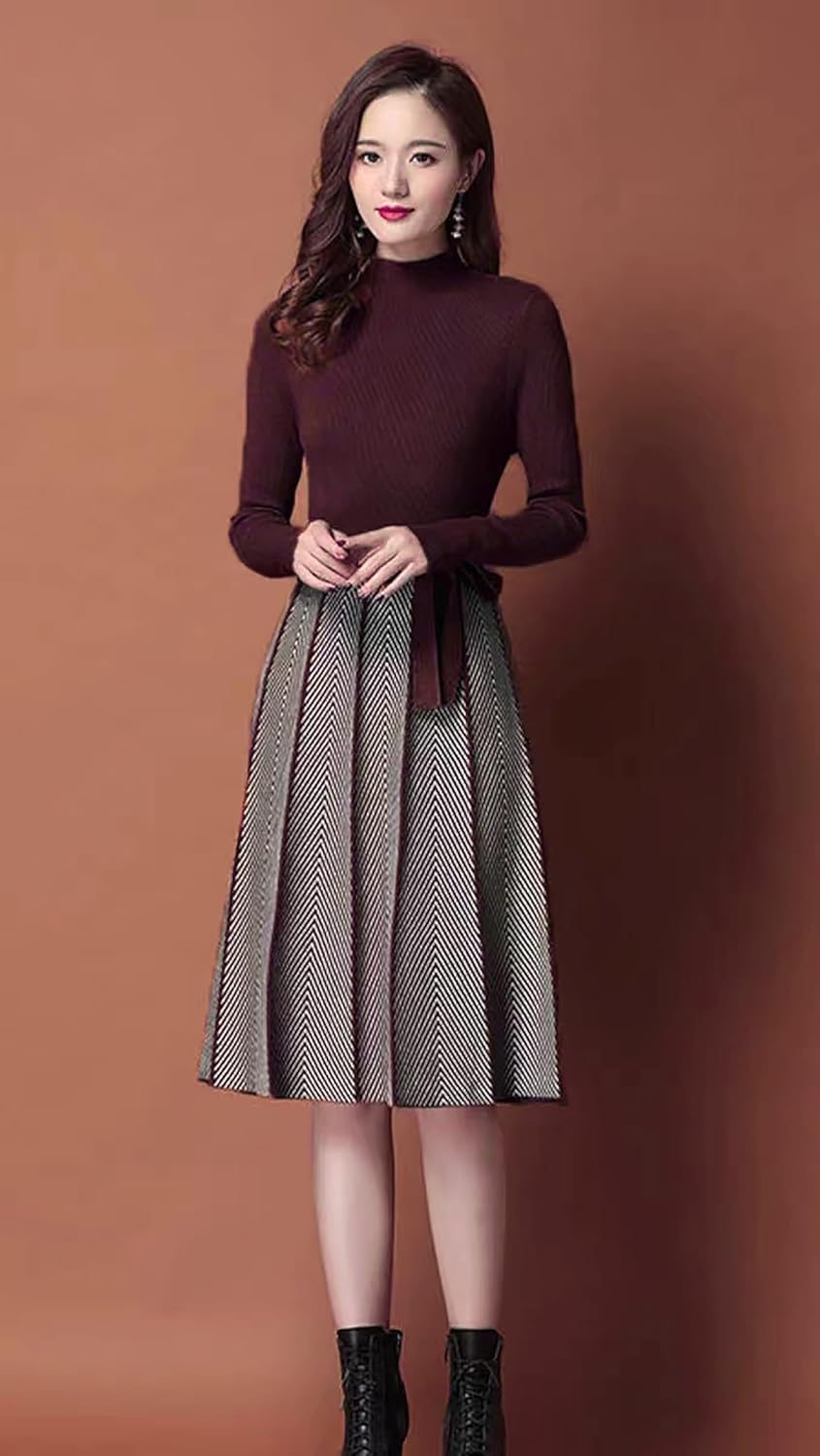 LAI MENG FIVE CATS Women's Elegant Knit Long Sleeve Sweater Stripes Pullover Fall Midi Dress