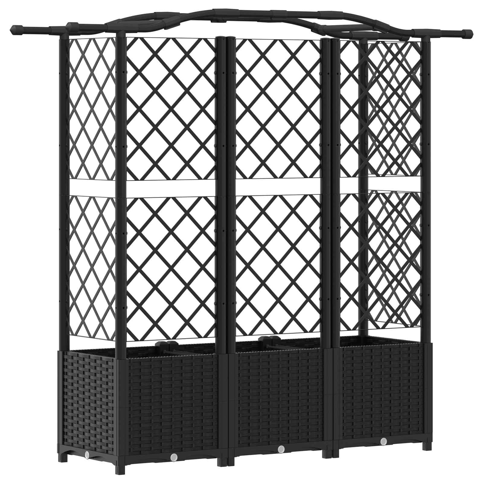 Jardinera elevada con enrejado y techo negro 163 x 40 x 141 cm PP resistente a la intemperie exterior para balcón terraza con almacenamiento de agua, resistente a las heladas y decorativo