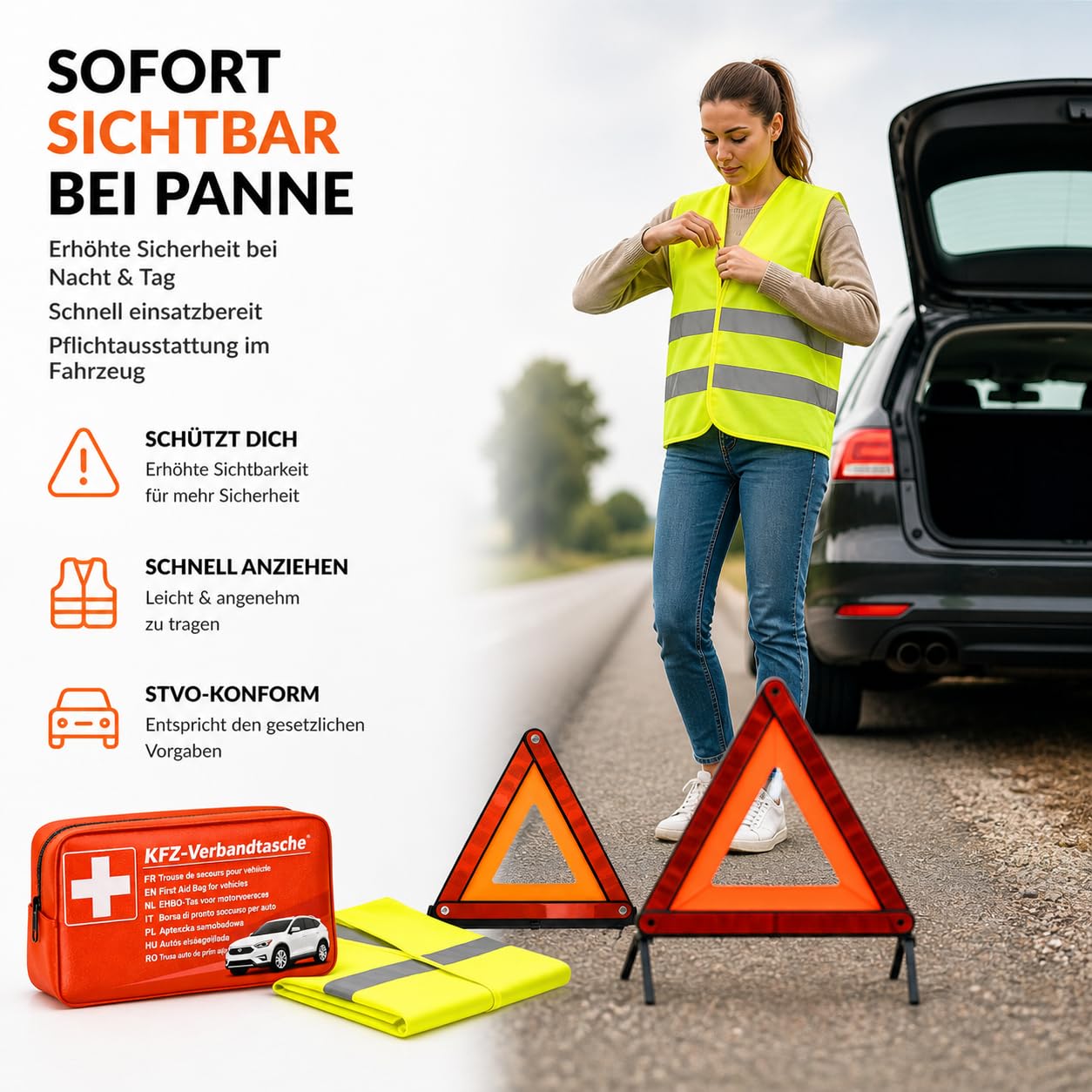 Kit di 3 kit di emergenza per auto, kit di emergenza, gilet di sicurezza, triangolo di segnalazione, kit di risoluzione dei problemi e accessori in caso di incidente per auto