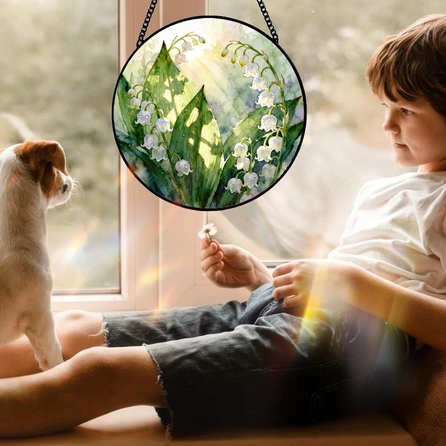 Stained Glass Window Hanging Lily of The Valley Suncatcher, 7.87″ Sun Catchers Indoor Window Stained Glass Decor, for Women Mom Grandma Flower Plant Lovers