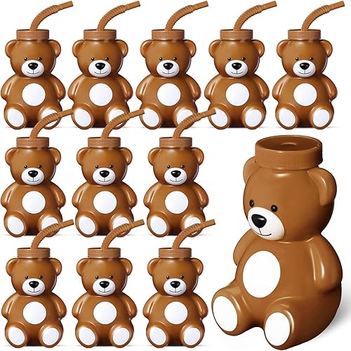 Maxdot 12 tazas de oso con pajitas y tapas, suministros de regalo para fiesta de cumpleaños, 10 onzas, taza de plástico con forma de oso, tazas