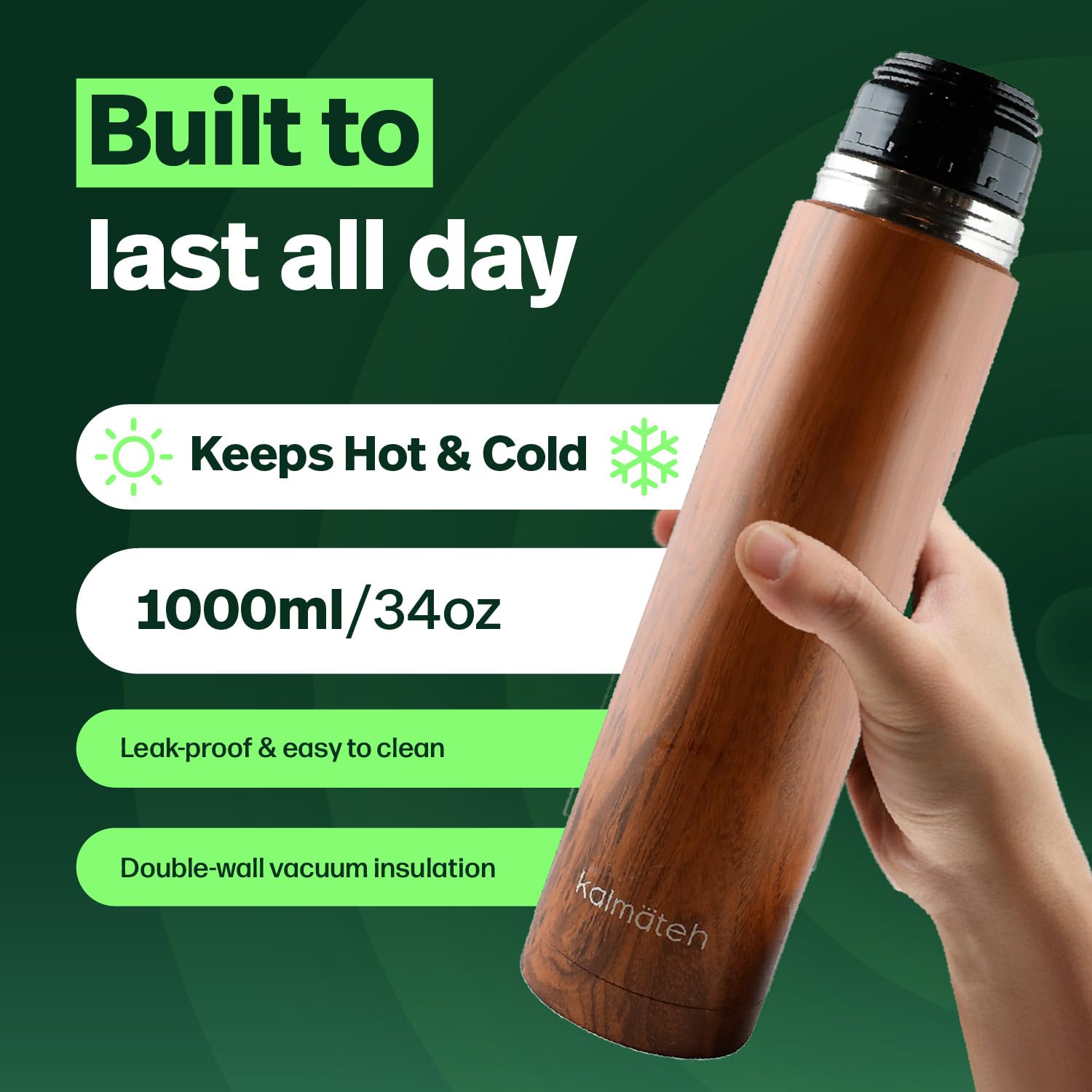 Kalmateh Yerba Mate Kürbis- und Thermos-Set, inklusive innovativem Yerba Mate Kürbis, vakuumisolierter Thermoskanne, Bombilla-Stroh, Reinigungsbürste und Geschenkbox (Holz, 1000 ml)