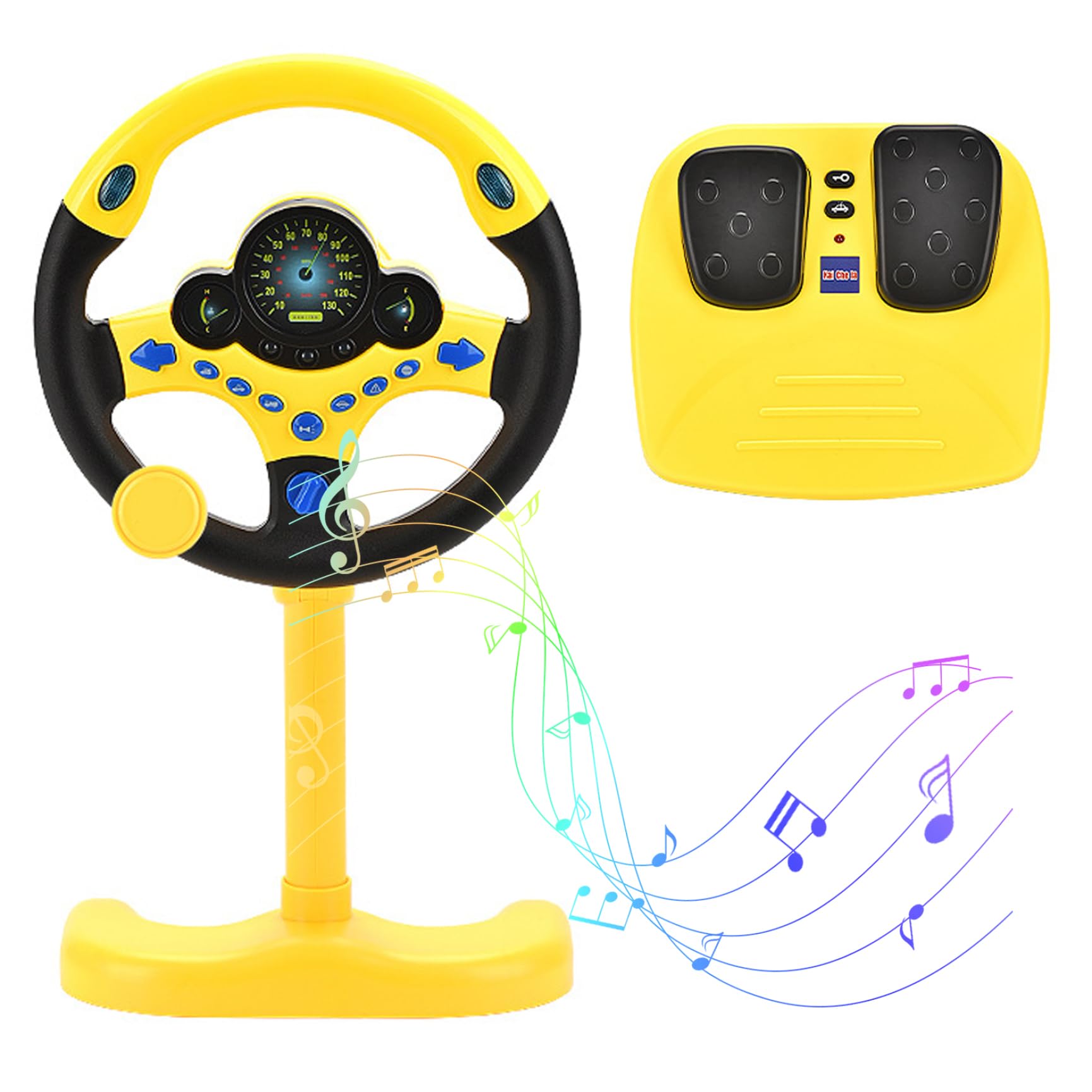 Volante Giocattolo, Volante di Simulazione con Pedale dell'Acceleratore e Cinghie, Rotazione a 360° ed Effetti Sonori Divertenti, Luci Splendide per Bambini dai 3 Anni in su, Giallo
