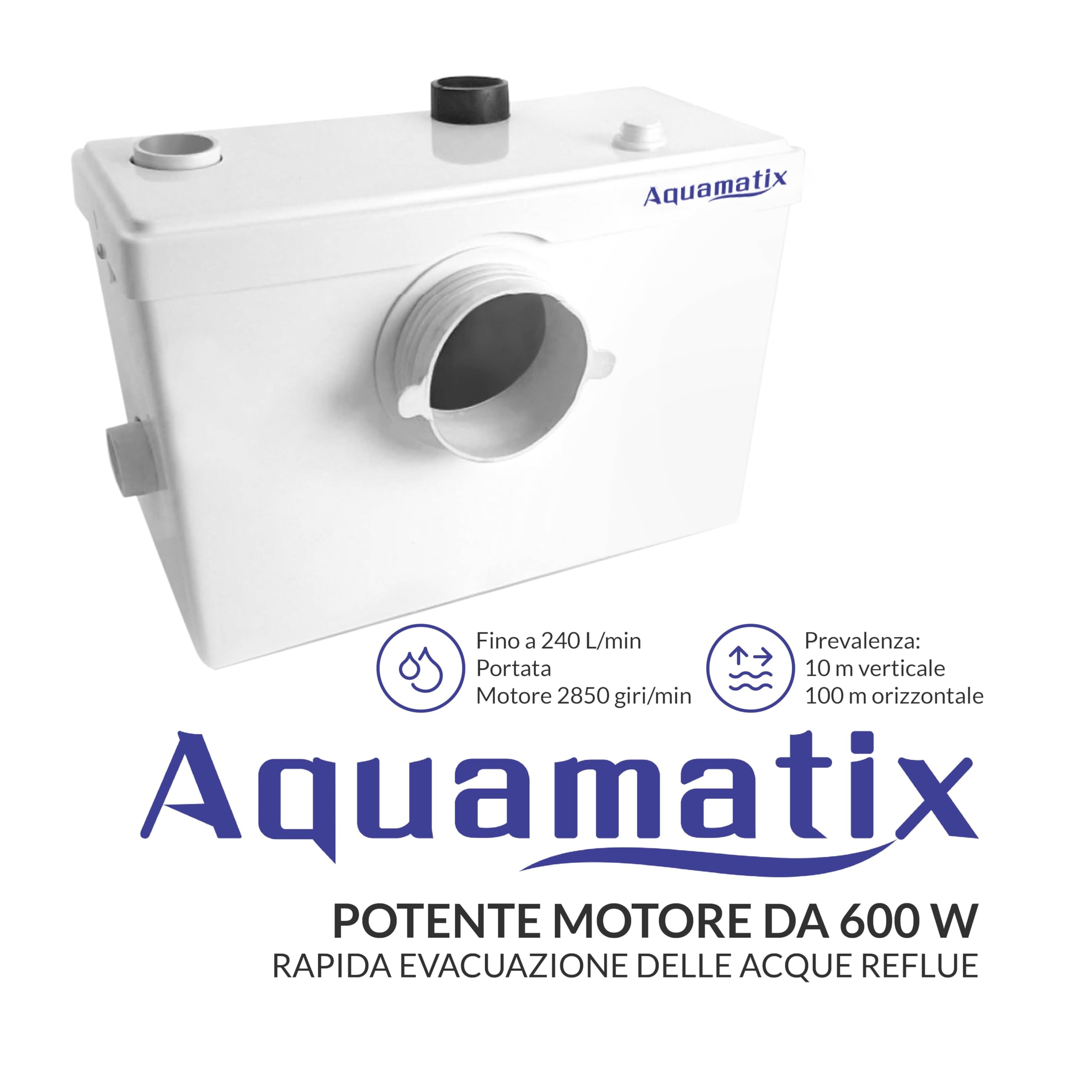 Aquamatix stazione di sollevamento compatta 600 W con trituratore, pompa per acque reflue fino a 10 m di altezza di sollevamento, con 3 ingressi, per WC, doccia e lavandino