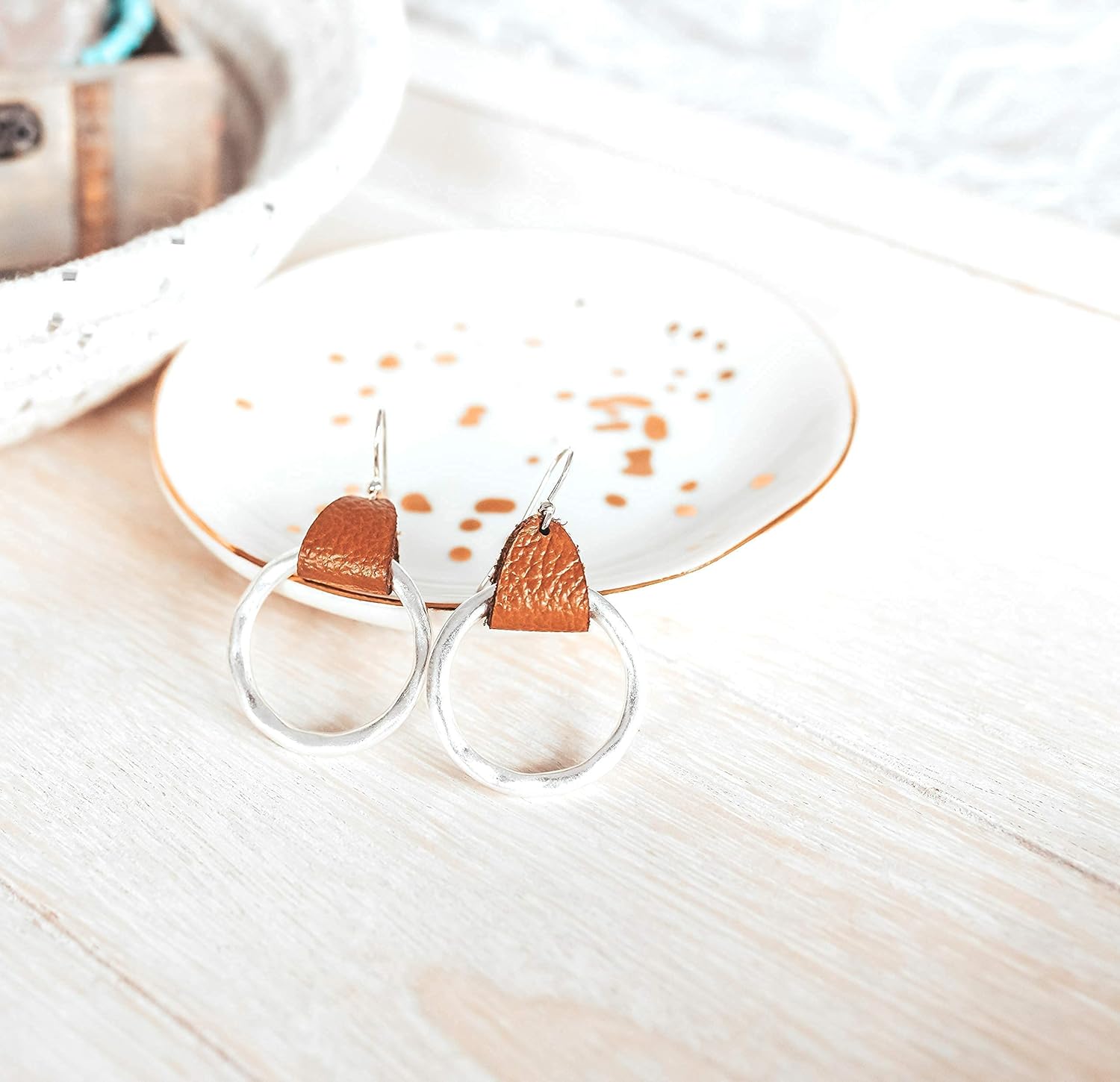 Brown Leather Matte silver color Hoop Earrings