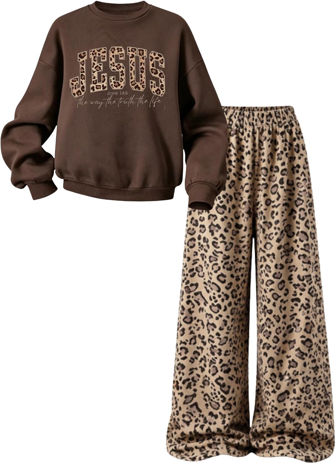 Girls Outfit Leopard Print Jesus Sweatshirt Wide Leg Pants Set for 7-14Y