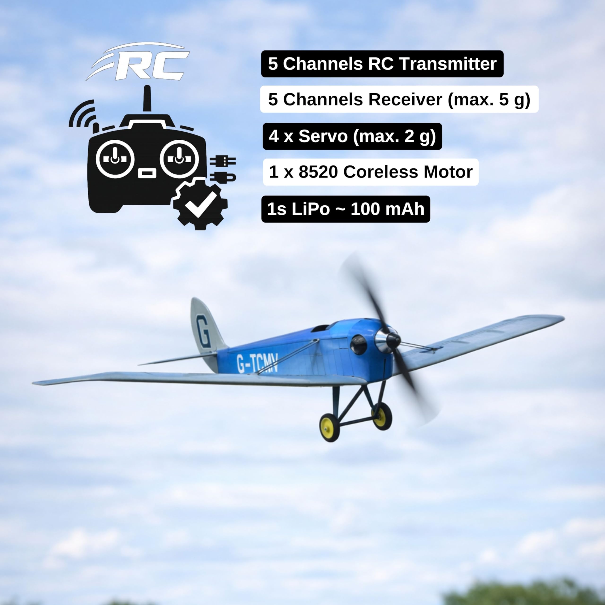 DH.53 Humming Bird Slow Flyer Modellflugzeug Kit, Maßstab 1:20, 500 mm Spannweite, RC Flugzeugmodell Baukasten, Modell Flugzeug zum selbst Bauen, gelaserte Holz Bauteile, 500 x 310 x 128 mm, 40 g RTF