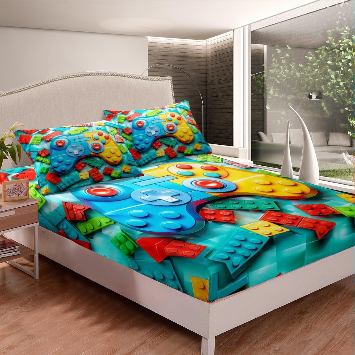 Video Games Gamepad Kids Fitted Sheet Full Size,Gaming Controller Modern Gamer Bedding Set,Girls Boys Room Decor,Building Block Geometric Patchwork Bed Cover,Chic Bed Sheet,2 Pillowcases image 3