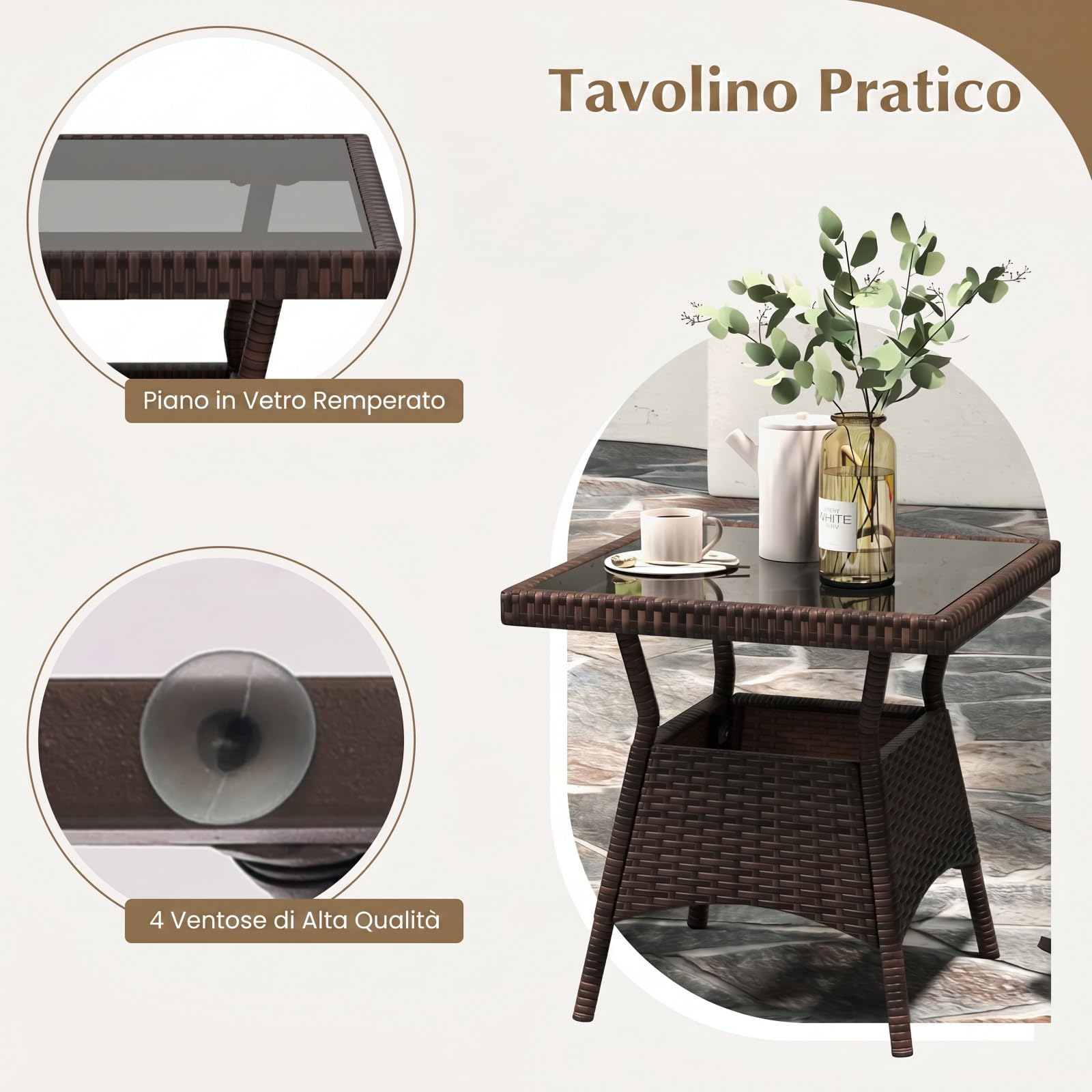 SOARS Salotto da Giardino Esterno 3 Pezzi, Set Giardino Esterno in Rattan con 2 Sedie a Dondolo e Tavolino in Vetro Temperato, Set Mobili a Dondolo da Esterno con Cucini per Cortile, Piscina, Balcone