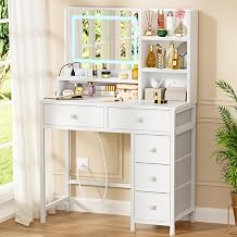 Vanity Desk with Smart LED Mirror, Makeup Table with Fabric 5 Drawers,White