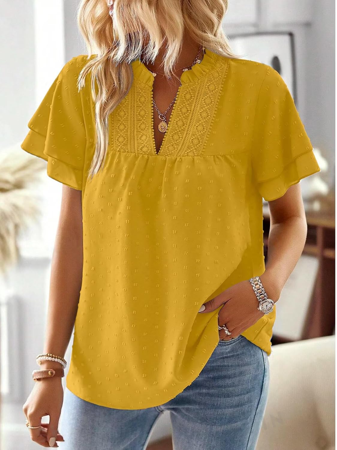 Womens Tops Butterfly Sleeve V Neck Blouses for Women Dressy Casual Flowy Swiss Dot Ruffle Short Sleeve Shirts - Image 2