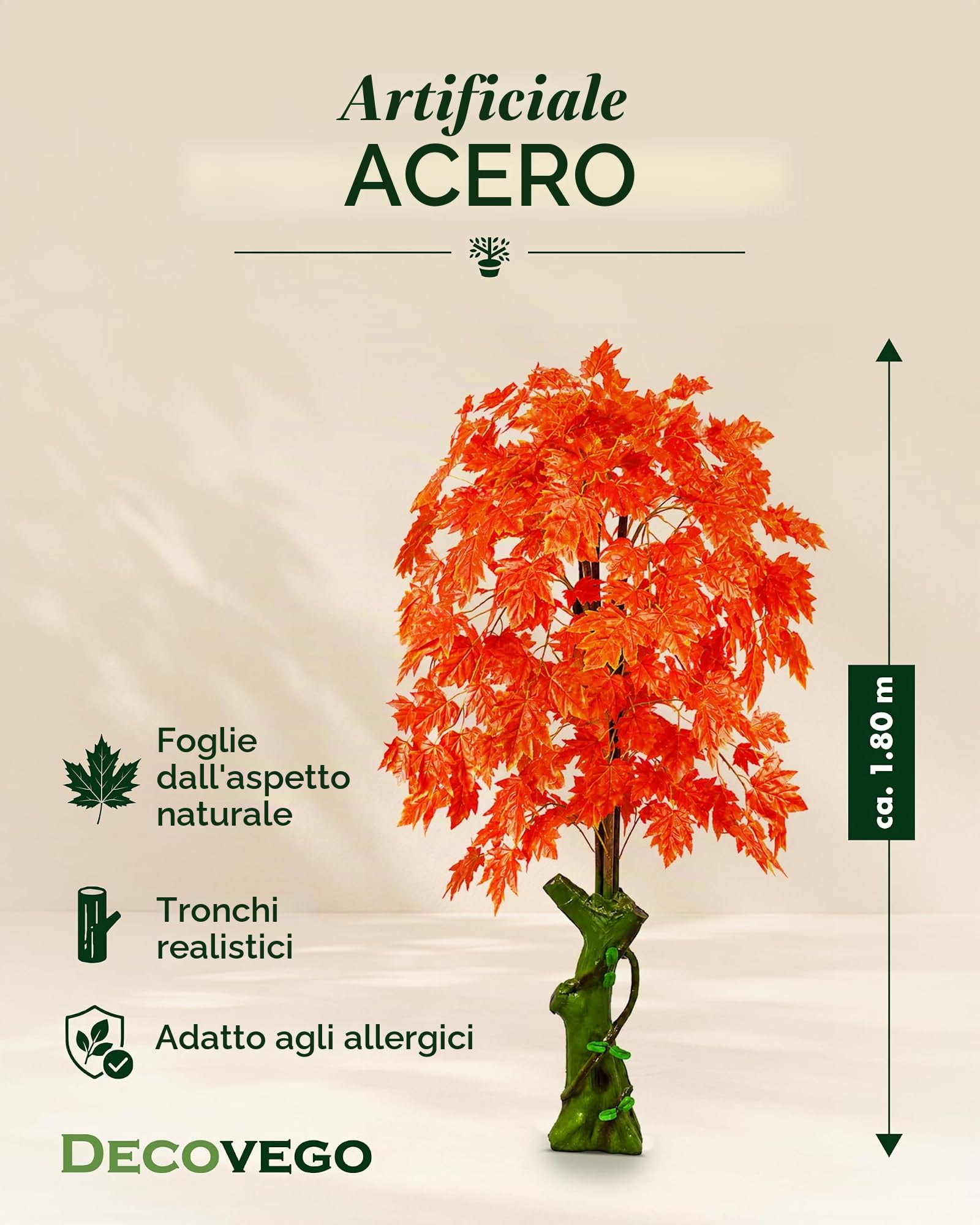 Decovego Acero Pianta Albero Artificiale Plastica 180cm Foglie Rosse