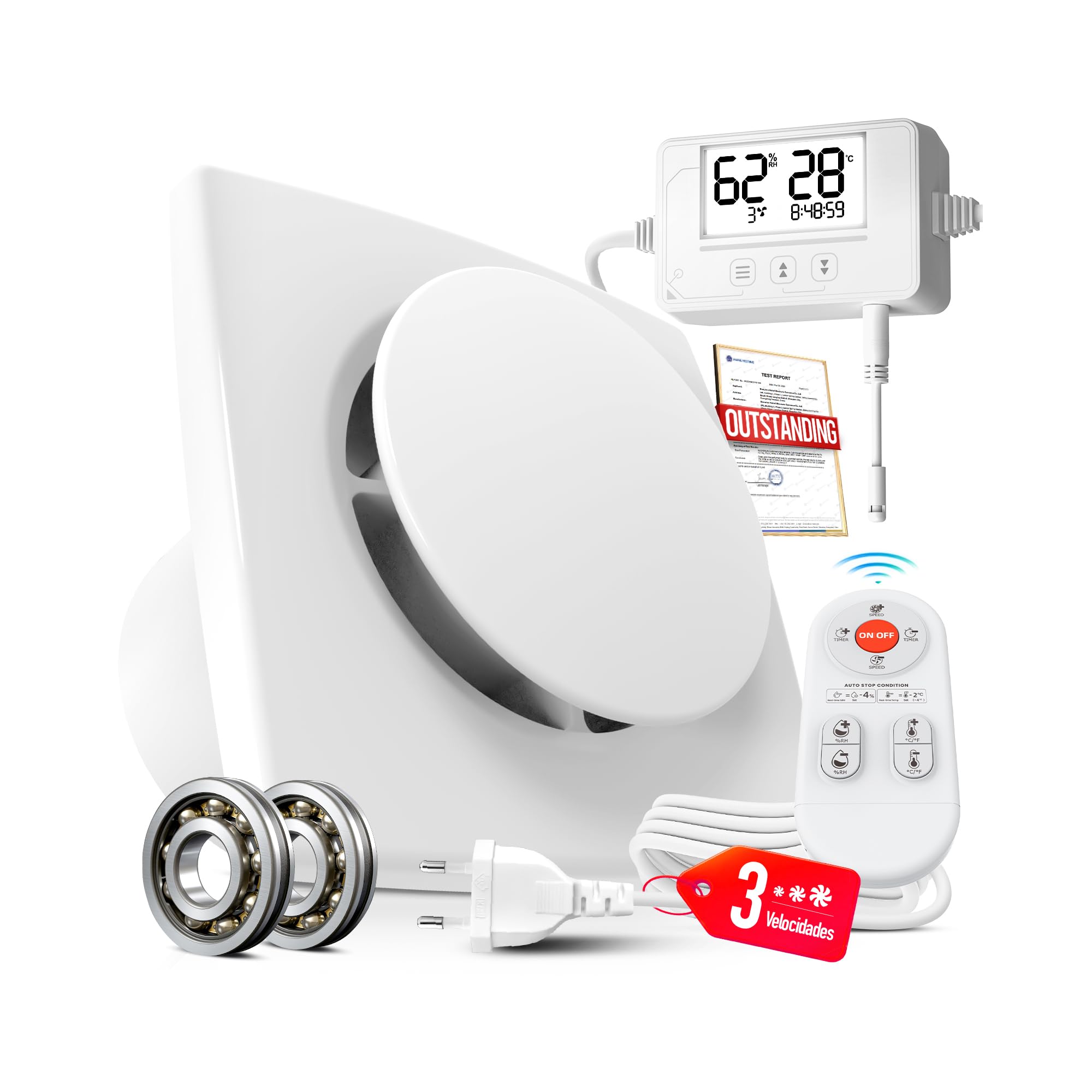 Extractor de Baño 100 mm 3 Velocidades, Sensor de Humedad y Temperatura, Temporizador, Mando a Distancia, Silencioso Potente, Ventilador Baño Cocina Sótano, Extractor de Aire Rectangular P119 Recycled Claim Standard Blended