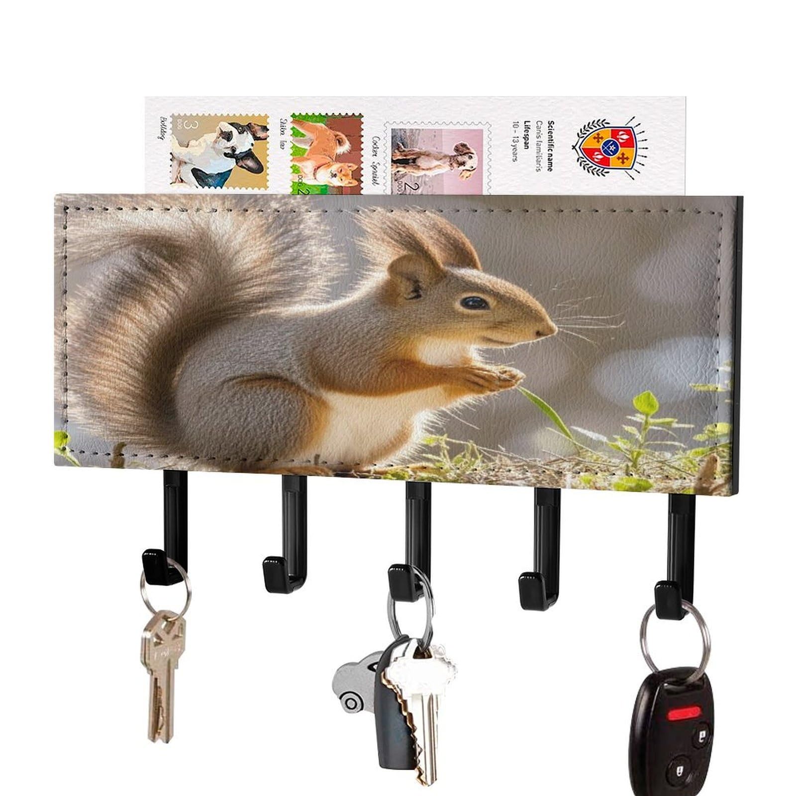 Fekiloot Black-Style Squirrel Animal Key Holder Wall Mount Key Hooks For Wall Decorative With 5 Hooks Pu Mail Rack Organizer With Shelf For Entryway Mudroom Hallway Office 7.1X4.3 In