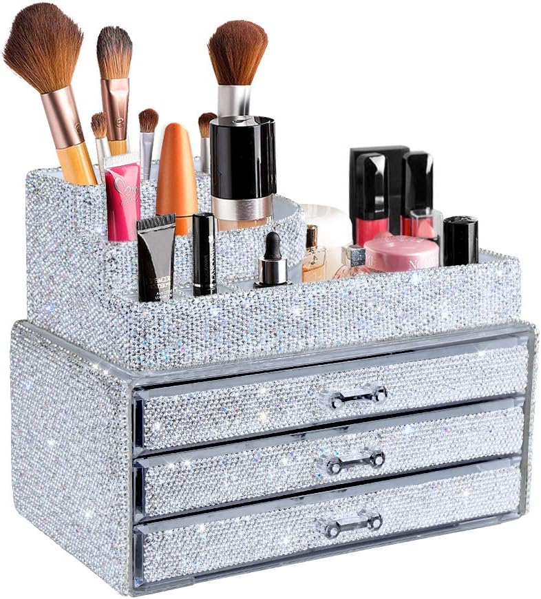 KEYPOWER Makeup Organizers Drawer Bling Diamond,Countertop Jewelry Cosmetic Storage Display Boxes,Makeup Brush Holder,2 Pieces Set(Purely Handmade)(White)