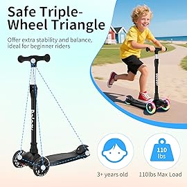 BELEEV Scooter for Kids Ages 3-12,3 Wheel Scooter for Toddler Girls Boys, Light-Up Wheels,5 Adjustable Height,Lean to Steer,Extra-Wide Deck, Three Wheel Kick Scooter for Children (Black)