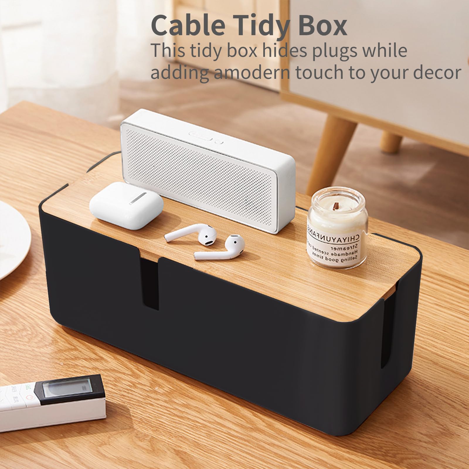 JJQHYC Cable Tidy Box Large Cable Box with Bamboo Lid Cable Management Box Black Cable Organiser for Hiding Cables and Plugs - Image 4