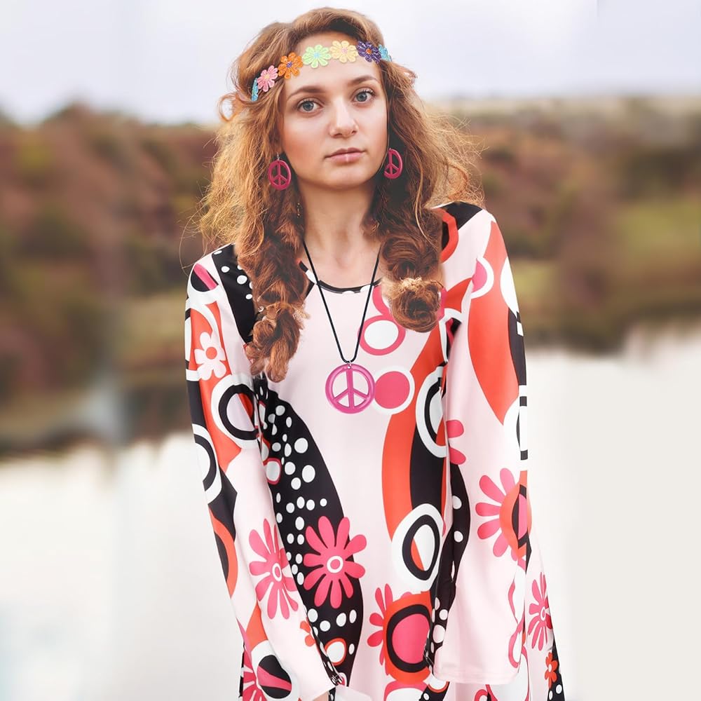 Ulikey Disfraz Hippie Mujer Años 70, Vestido Hippie De Los Años 60, 70 Con Accesorios, Disfraz De Los Años 60 Y 70 Para Mujer, Ropa Hippie Disco Para Carnaval Fiesta Cosplay Halloween