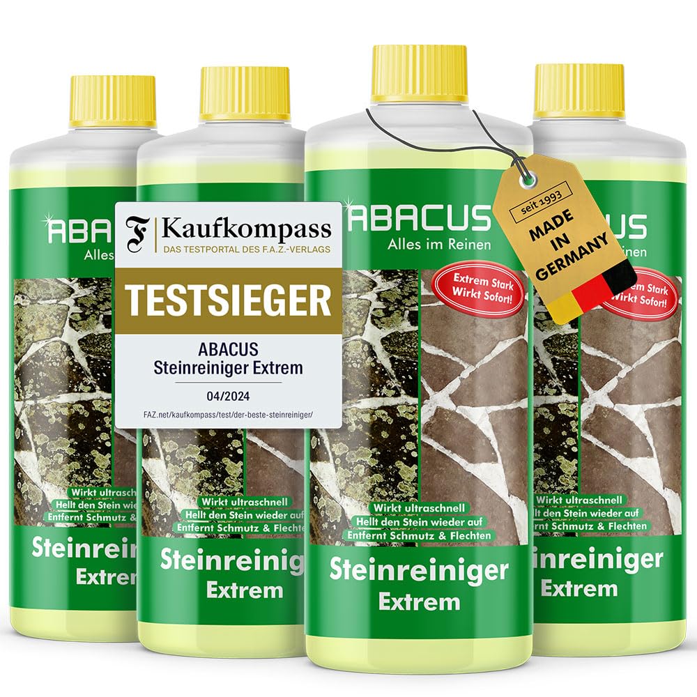 ABACUS® Steinreiniger Extrem, intensiver Steinreiniger für außen mit Sofortwirkung, entfernt sofort Schmutz, Grünbelag, Flechten & Algen auf Steinen in Minuten, Steinreiniger Intensiv außen 4x 1000ml