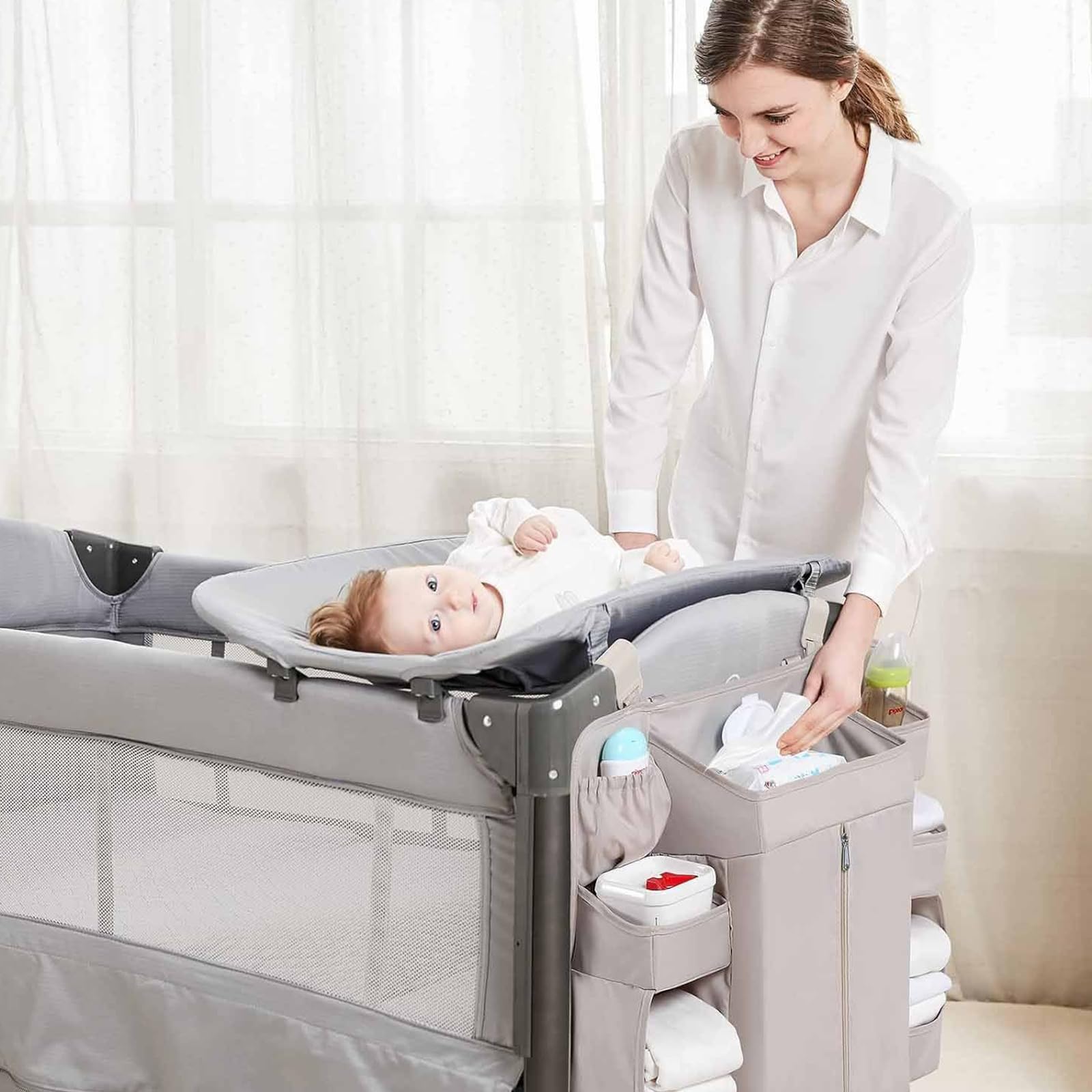 Organizadores colgantes para cuna de bebé, 6 compartimentos, bolsillo grande con cremallera, tela resistente, solución de almacenamiento ajustable para cuna