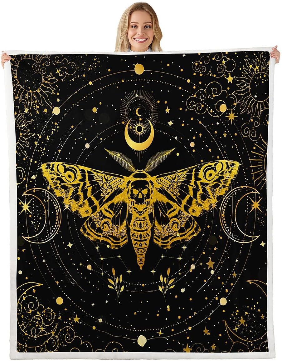 jejeloiu Moth Fleece Throw Blanket 40"x50" Bohe Plush Blanket for Bed Sofa Couch Bohemian Sherpa Blanket Breathable Sun Moon Warm Fuzzy Blanket Room Decor