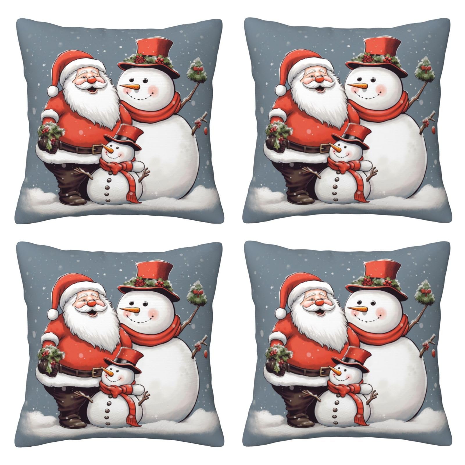 Santa Claus and Snowman Throw Pillow Cases 4 Pack Square Pillowcases Super Soft Pillow Protectors With Zipper for Couch Livingroom Sofa Bed Office Car,30x30 CM