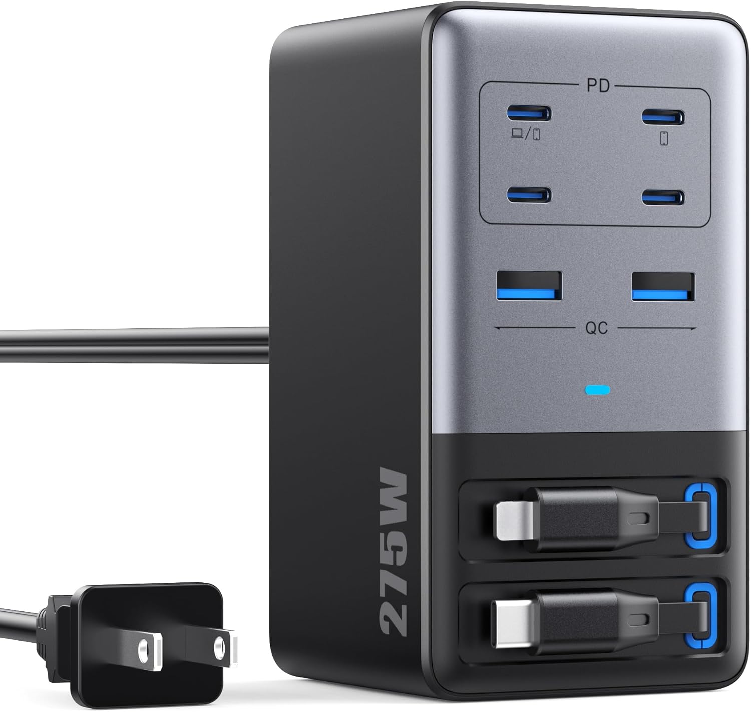 USB C Charger 275W Charging Station with Retractable Dual Cables,Upgraded 8-in-1 GaN IV Fast Charging Hub Block+PD QC PPS 65W Laptop Adapter for MacBook Pro/Air,iPad,iPhone 17/Pro,Galaxy S24,Dell etc