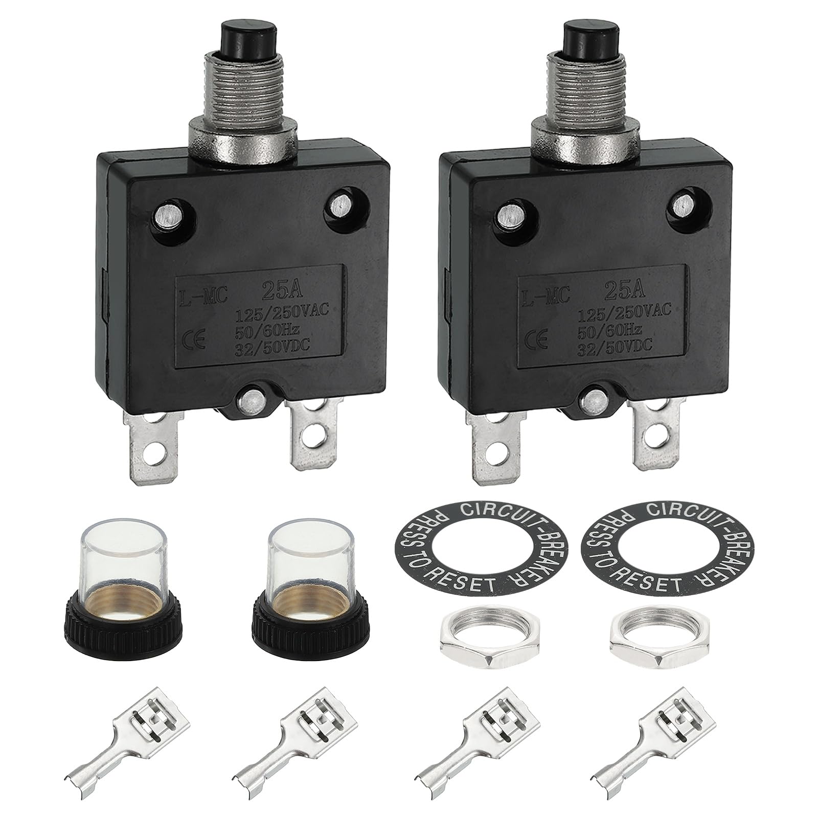 sourcing map 2PCS 25A Thermal Circuit Breakers, 125/250V AC,32/50V DC Manual Reset Push Button Overload Protector Circuit Breaker with Waterproof Button Caps Quick Connector Terminals, L-MC