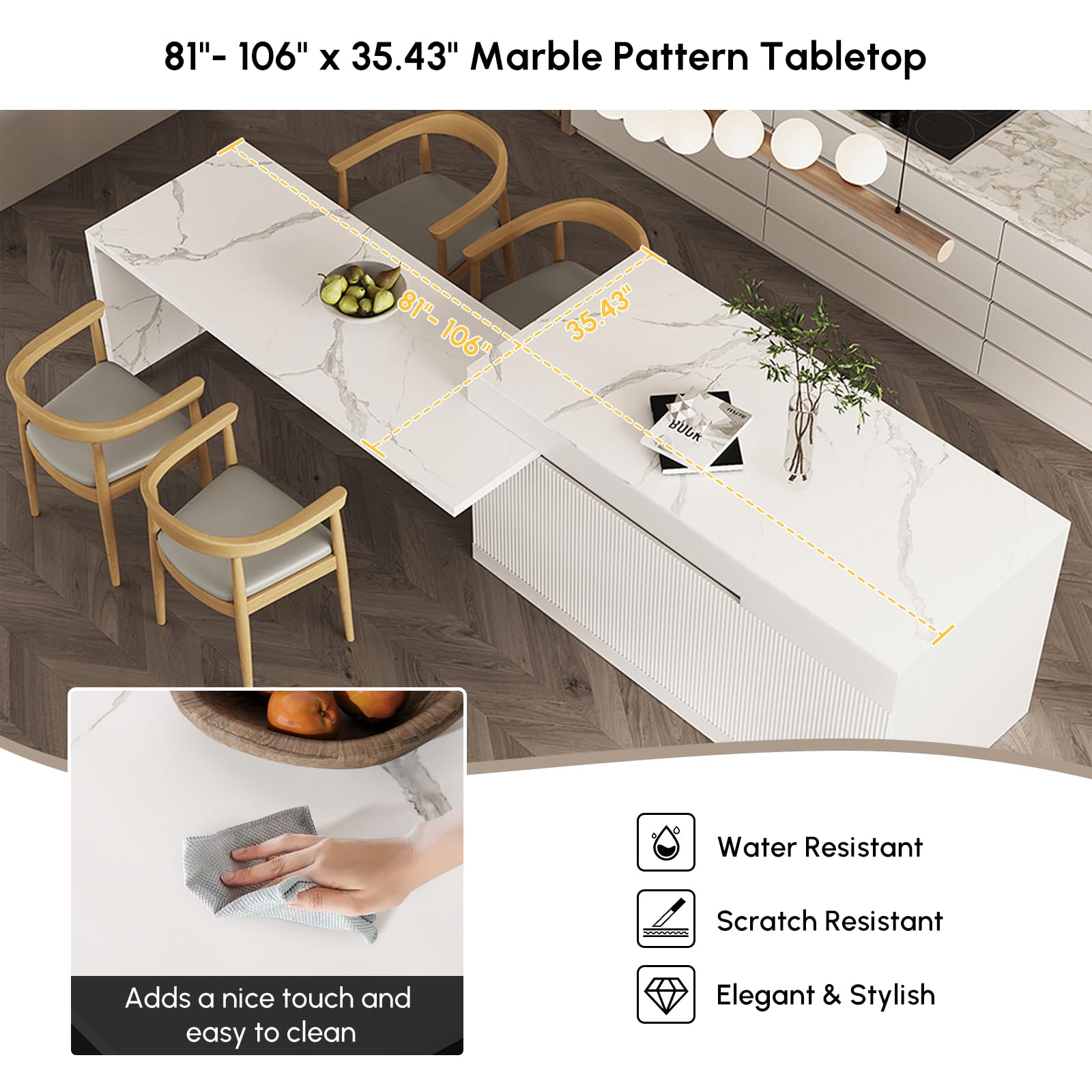 Homary Îlot Central de Cuisine Extensible avec Rangements 205-268 cm, Meuble Îlot Moderne avec 3 Tiroirs, 3 Portes & 2 Étagères, en Bois, Résistant à l'eau, pour Salle à Manger