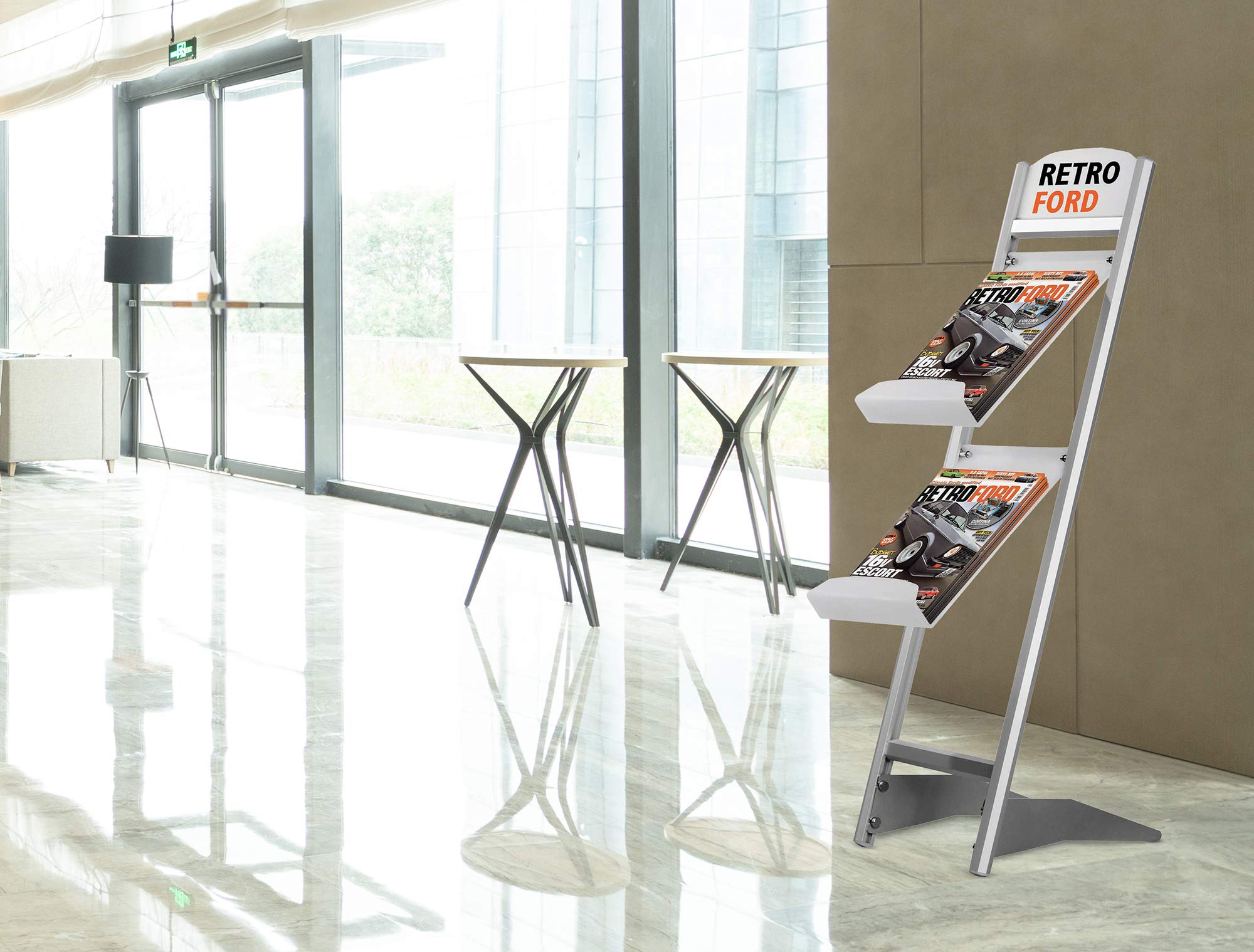 Boden-Prospektständer Rapid DIN A4 | Aluminium Prospekthalter mit Acryl Prospektablagen (2 x DIN A4)
