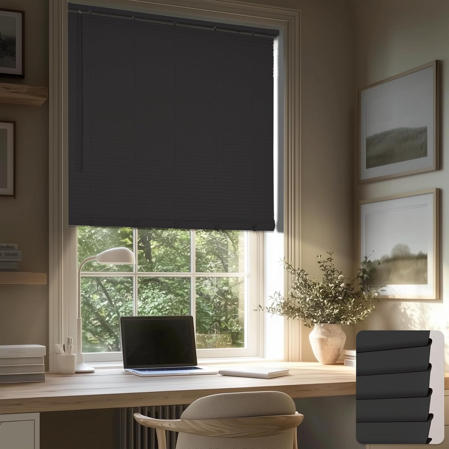 HESTIA No Drill Cordless Room Darkening Vinyl Mini Blinds, 1” L-Shaped PVC Slats Venetian Horizontal Blind Privacy Indoor Window Coverings for Bedroom, Bathroom and Kitchen, Black, 17" W x 50" H