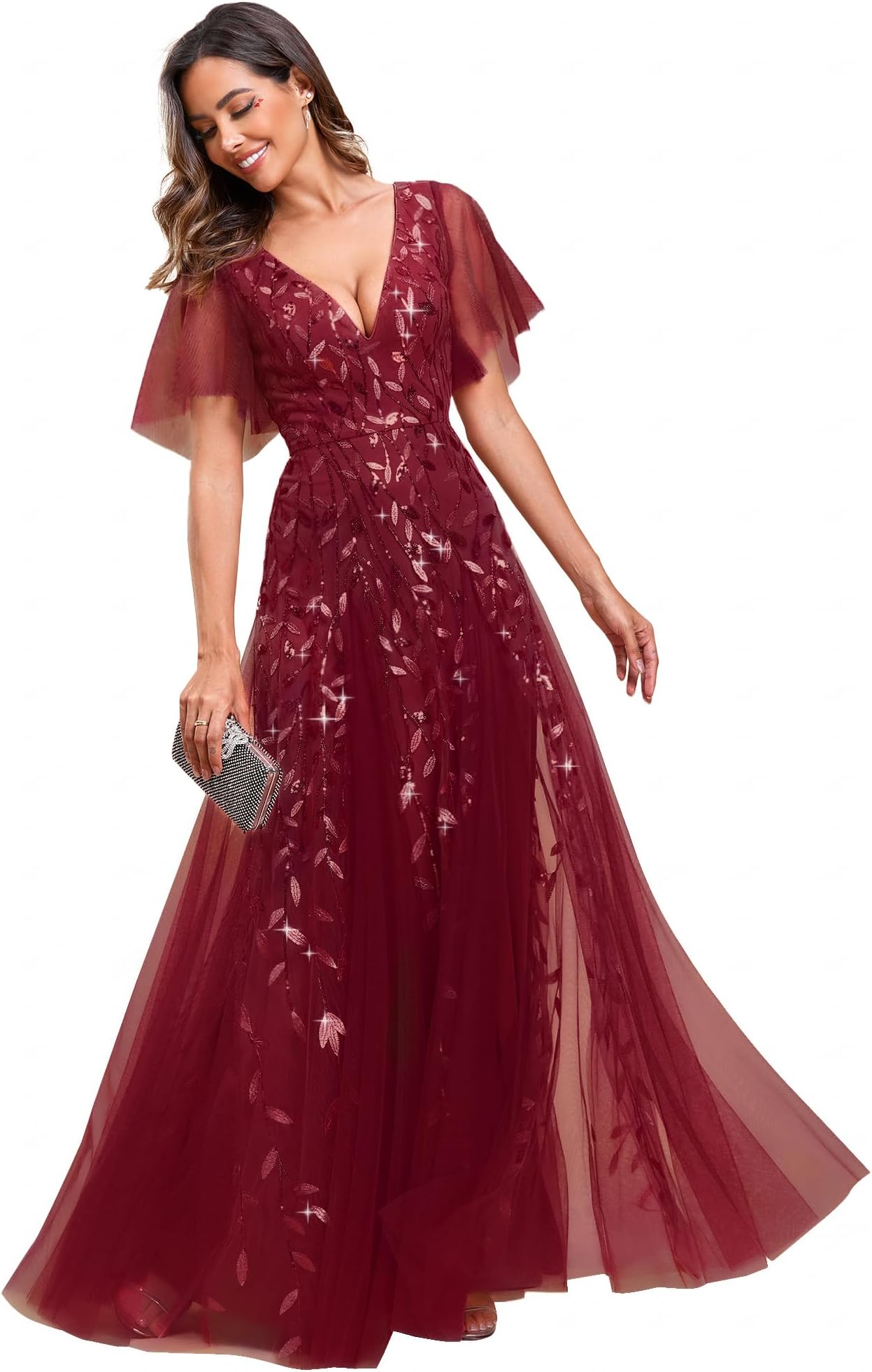 Women's Sequin Formal Dress Sparkly V-Neck Short Sleeve A-Line Floor Length Prom Evening Gown 0736