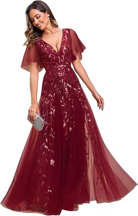 Ever-Pretty Womens Sequin Formal Dresses Evening Gown Sparkly V-Neck Short Sleeve Floor Length Mother of The Bride Dress 736