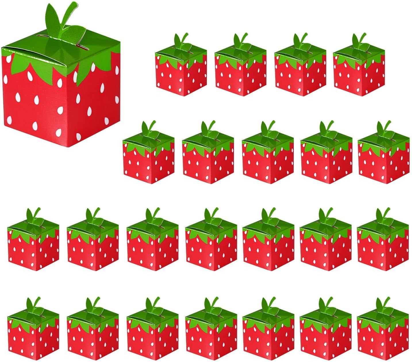24 Pcs Strawberry Party Favor Boxes, 2.17" × 2.17" × 2.17" Cute Fruit Foldable Paper Goodie Boxes, Sweet Treat Boxes for Candy Snacks Gifts, Birthday Wedding Supplies, Festival Holidays Party Decorations