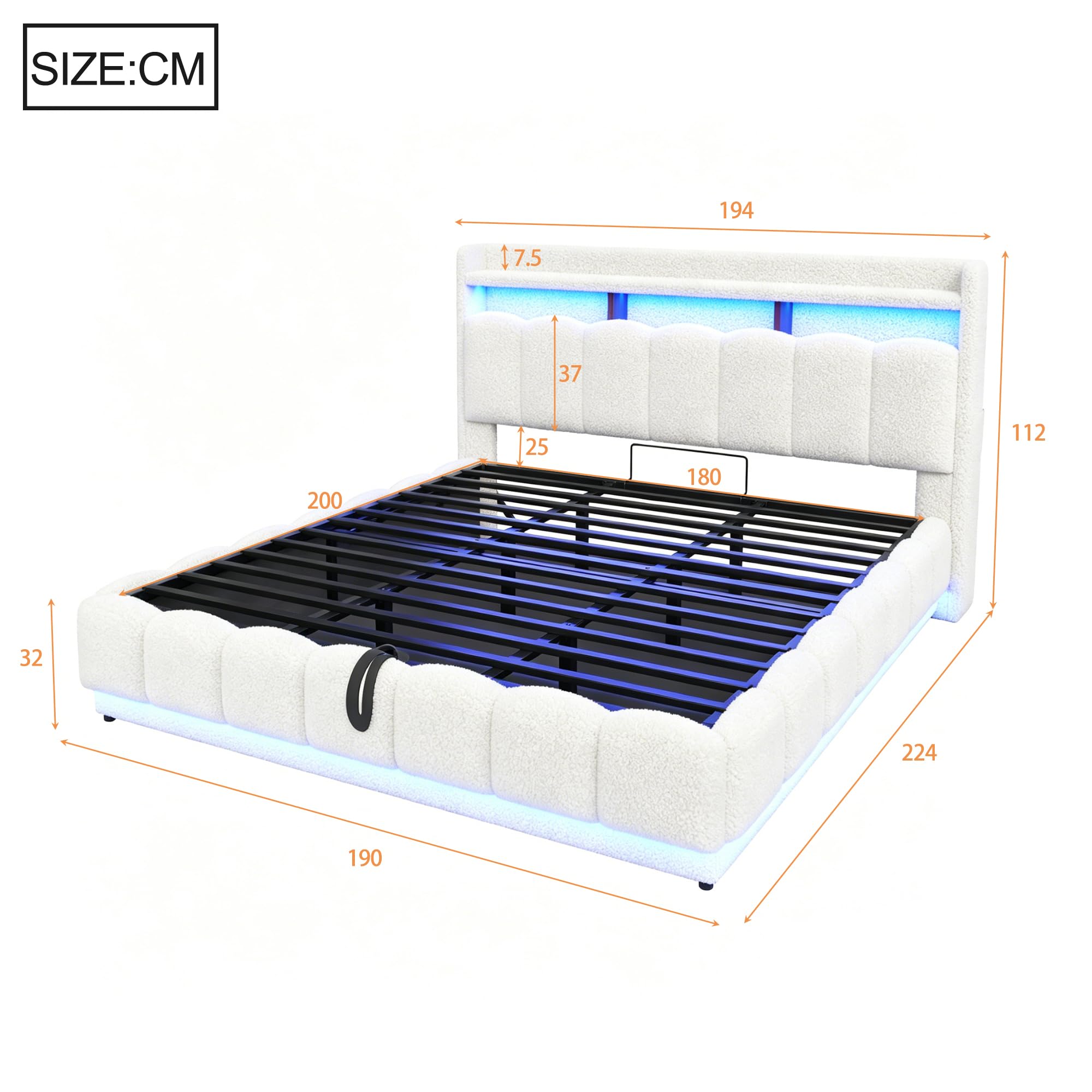 Cama Canapé 180x200 con Elevación Hidráulica Cama Tapizada con Somier de Lamas Estructura Matrimonial con Almacenamiento Integrado con Tapizado Bouclé con Cabecero Acolchado Estudio Blanca