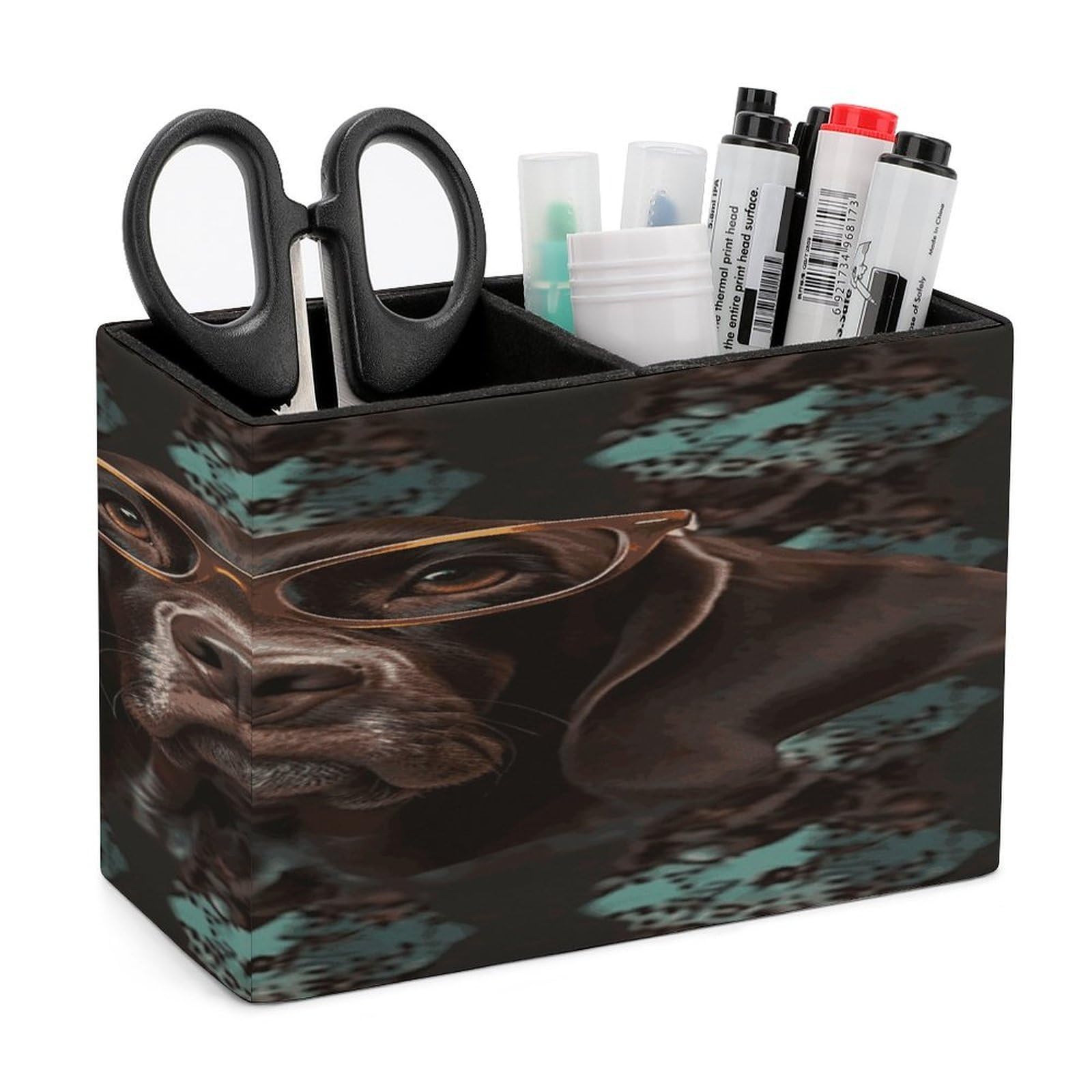 JTREHY German Shorthaired Pointer in Glasses Pencil Holder Exquisite Fashion Leather Pen Receptacle Soft High-End Pen Container for Office Home Accessories Or Housewarming Present