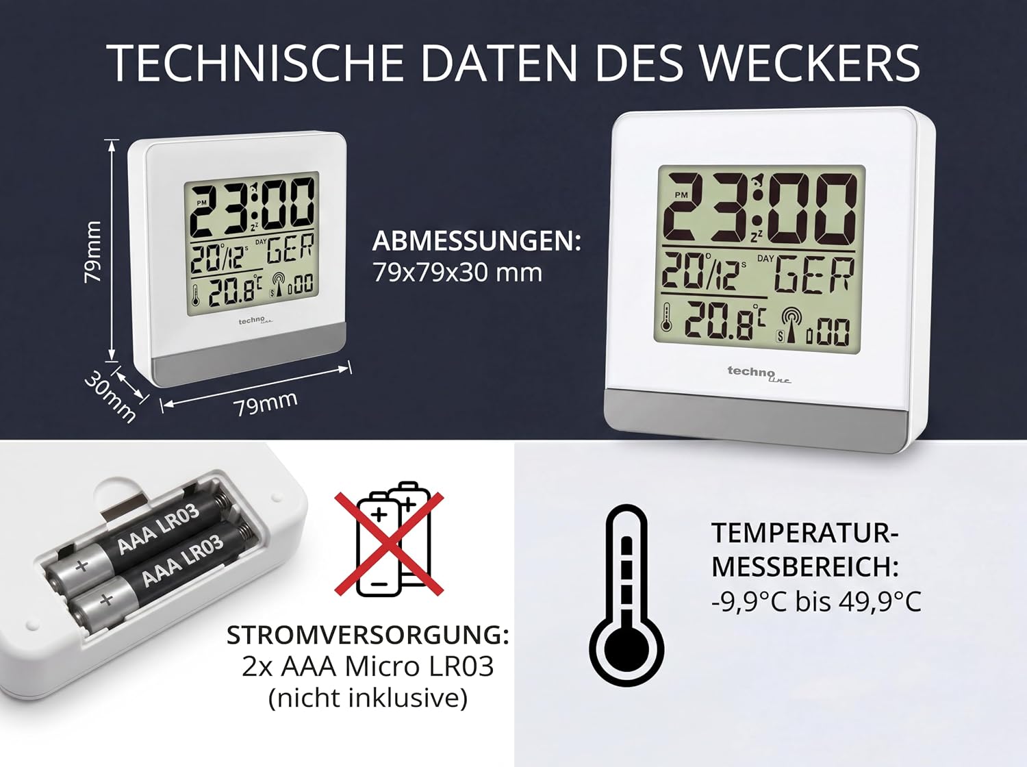 Technoline Radio Alarm Clock with Temperature Display, Acrylonitrile Butadiene Styrene (ABS), White, 79 x 79 x 30 mm