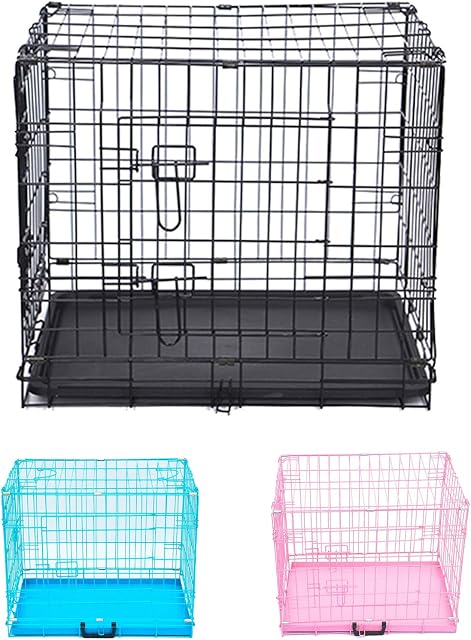 Dog Puppy Cage Folding 2 Door Kennel Cat Dog Crates 51cm x 33cm x 41cm Extra Small Pet Cat Puppy Training Metal Crate Travel Box Black Pink Blue Vet Animal Transport Carrier with Plastic Tray (Black)