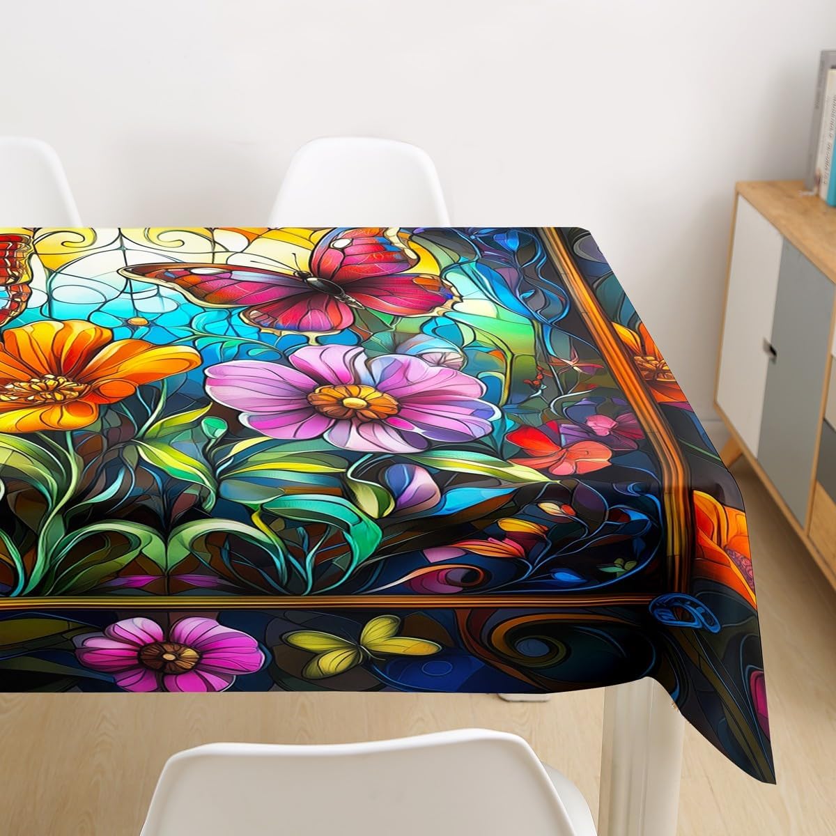 Vintage Colorful Floral Tablecloths,Gothic Baroque Style Table Cloth,Butterfly Flower Botanical Table Accessories for Kids Girls Boys Women Room Decor,Abstract Luxury Table Cover,55"x87" image 2