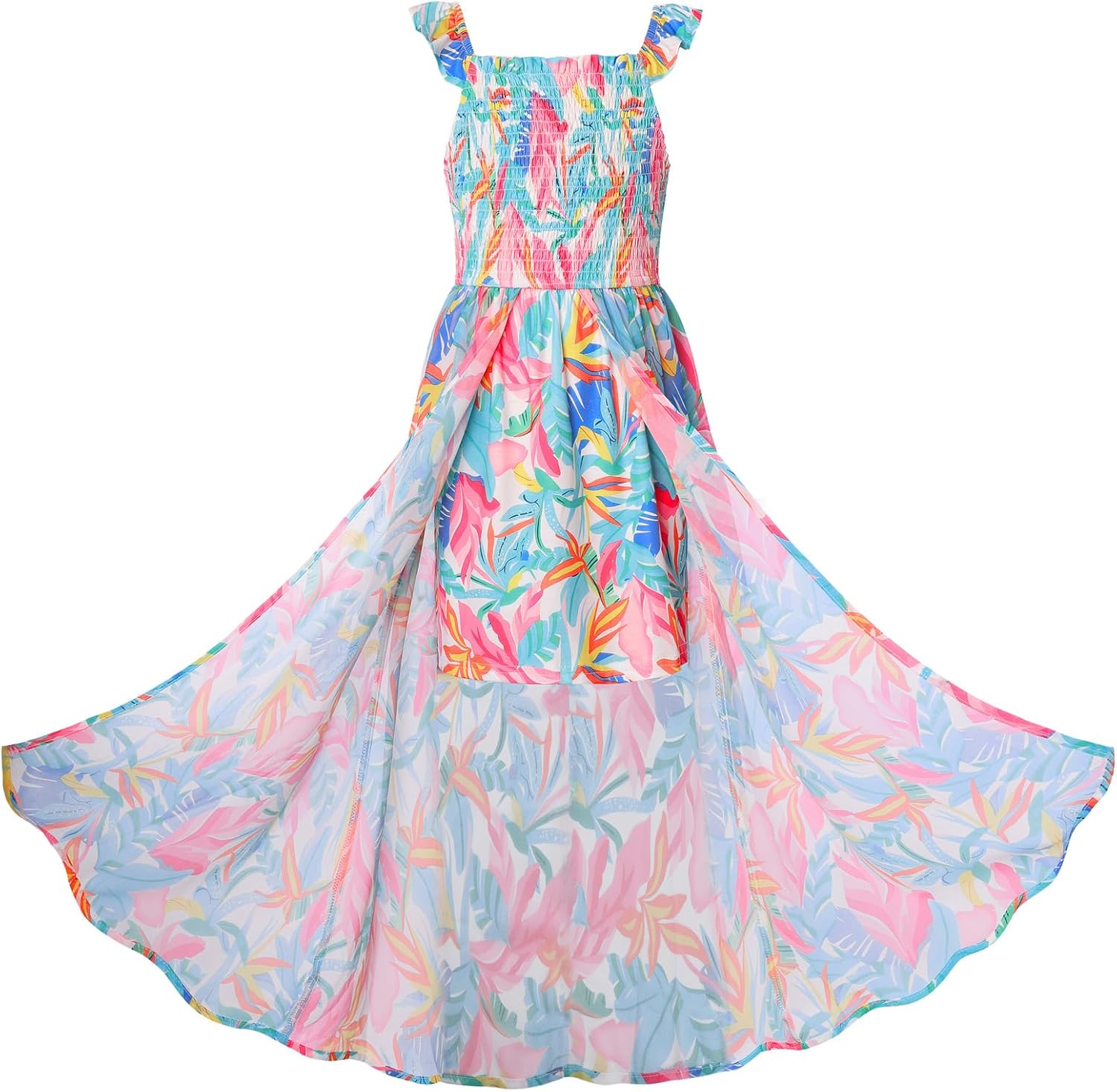 GRACE KARIN Girls Hawaiian Floral Smocked Dresses, Girl Flutter Sleeve Spring Summer Dress, Kids Easter Maxi Long Dresses