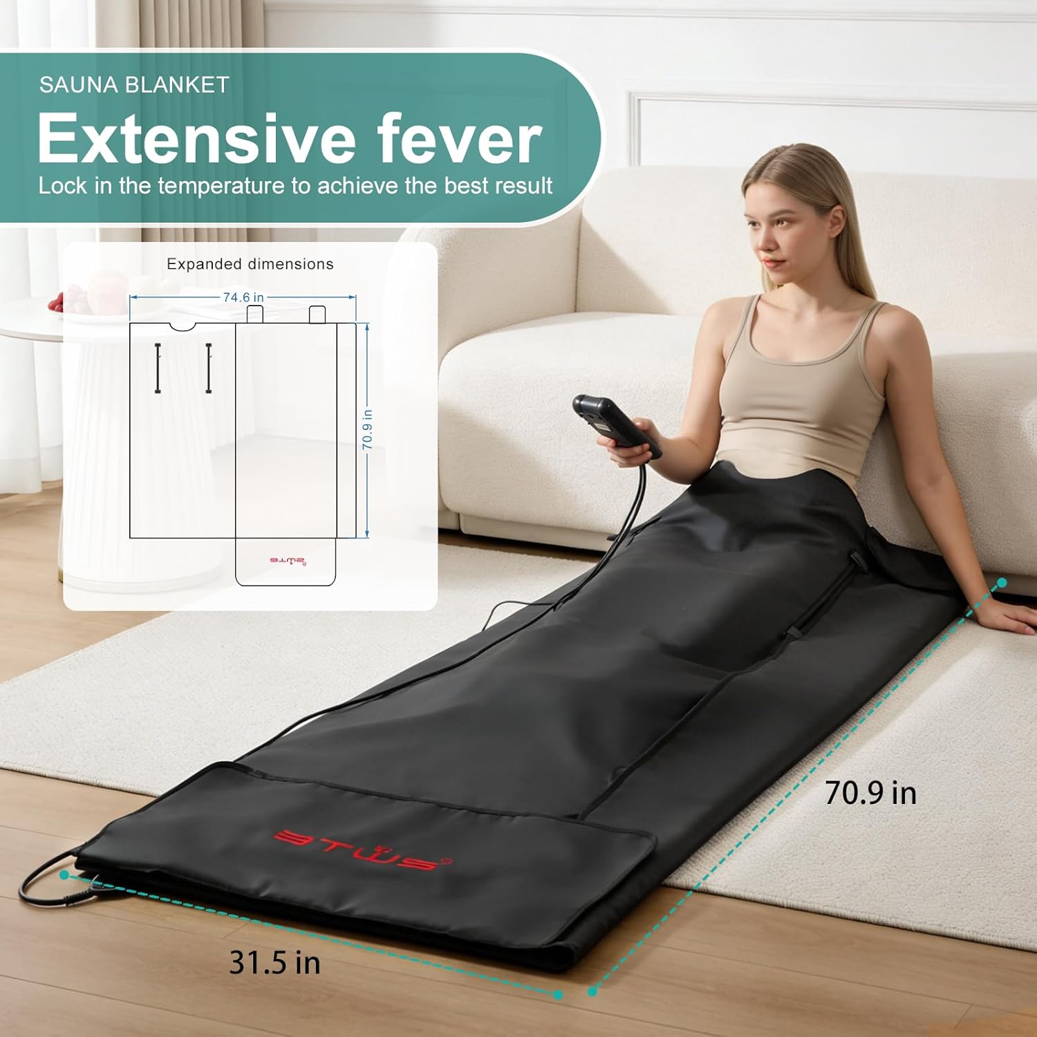Far Infrared Sauna Blanket – Lightweight Portable Sauna with Adjustable Temperature Control (96-176°F), Hook and Loop Design, Low EMF Safe for Full Body Relaxation & Comfort with Support Pillow