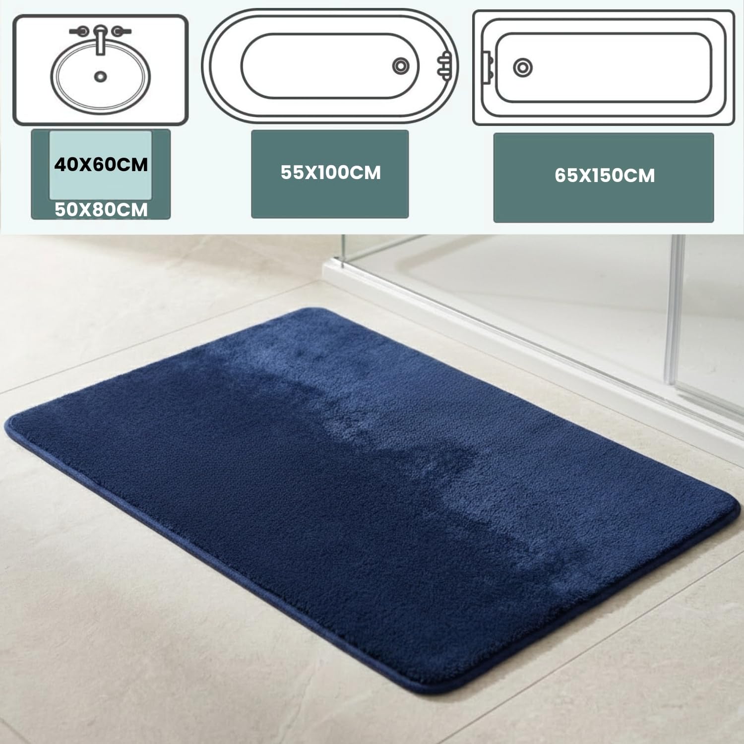 parpyon Tappeto Bagno Antiscivolo Linosa I asciugapasso Ingresso Tappeto Magico in Microfibra I Lavabile in Lavatrice Tappetino Bagno Doccia I tappeti Moderni (55X100, Blu)