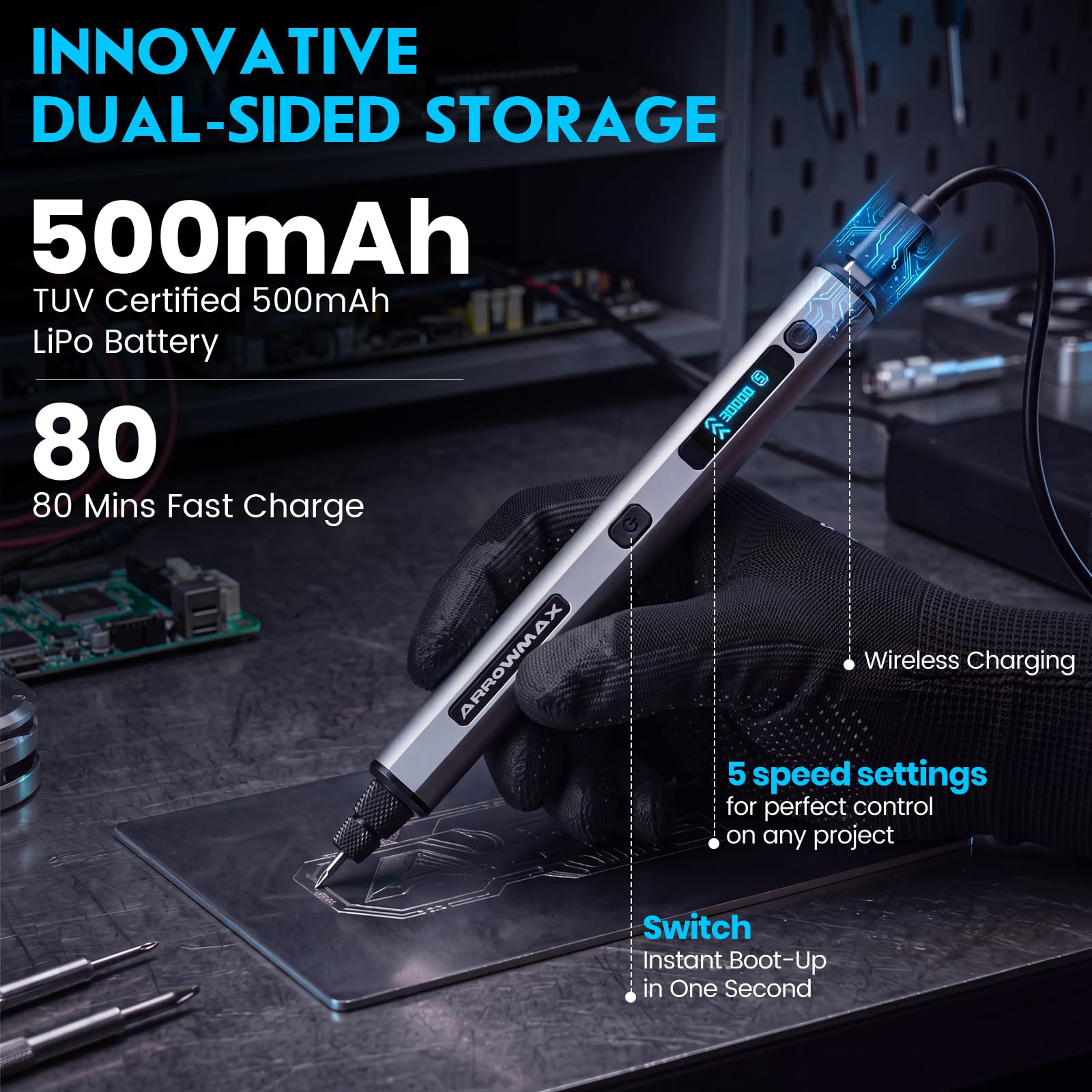 ARROWMAX Mini herramientas multifunción con OLED, 30000 rpm, lápiz de grabado con 30 puntas para metal, madera, vidrio y plástico, juego de grabado para adolescentes, adultos y principiantes