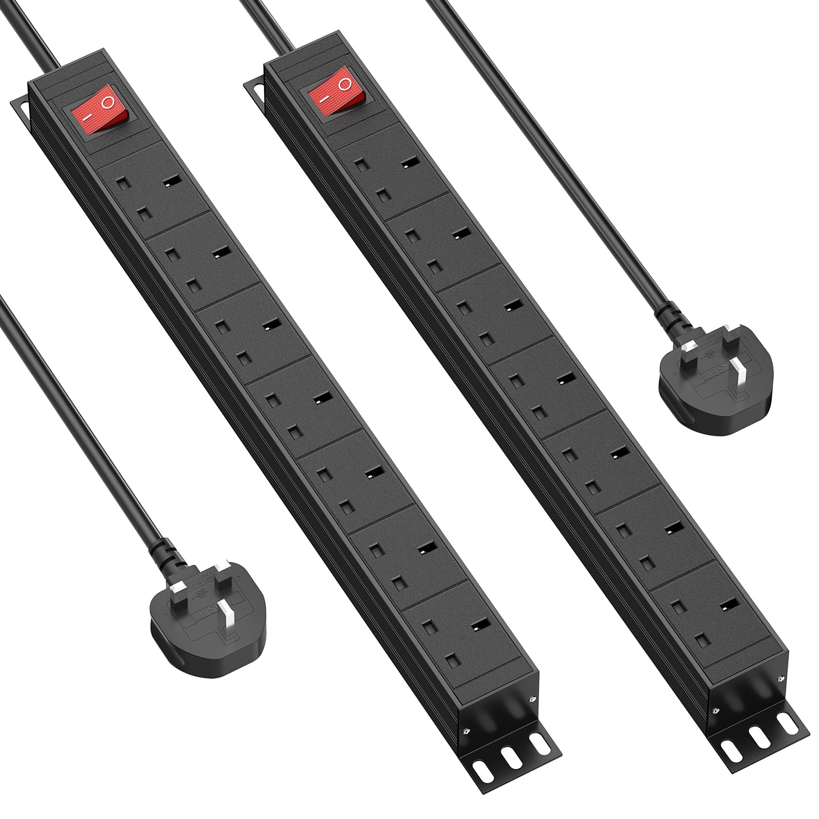 2 packs - 7 Way Extension Lead Surge Protection with Switch, Wall Rack Mounted Power Strip for 19-inch Rack, Office, Workshop and Industrial Use, 180° Mounting Bracket, 1.8M Cable, Black