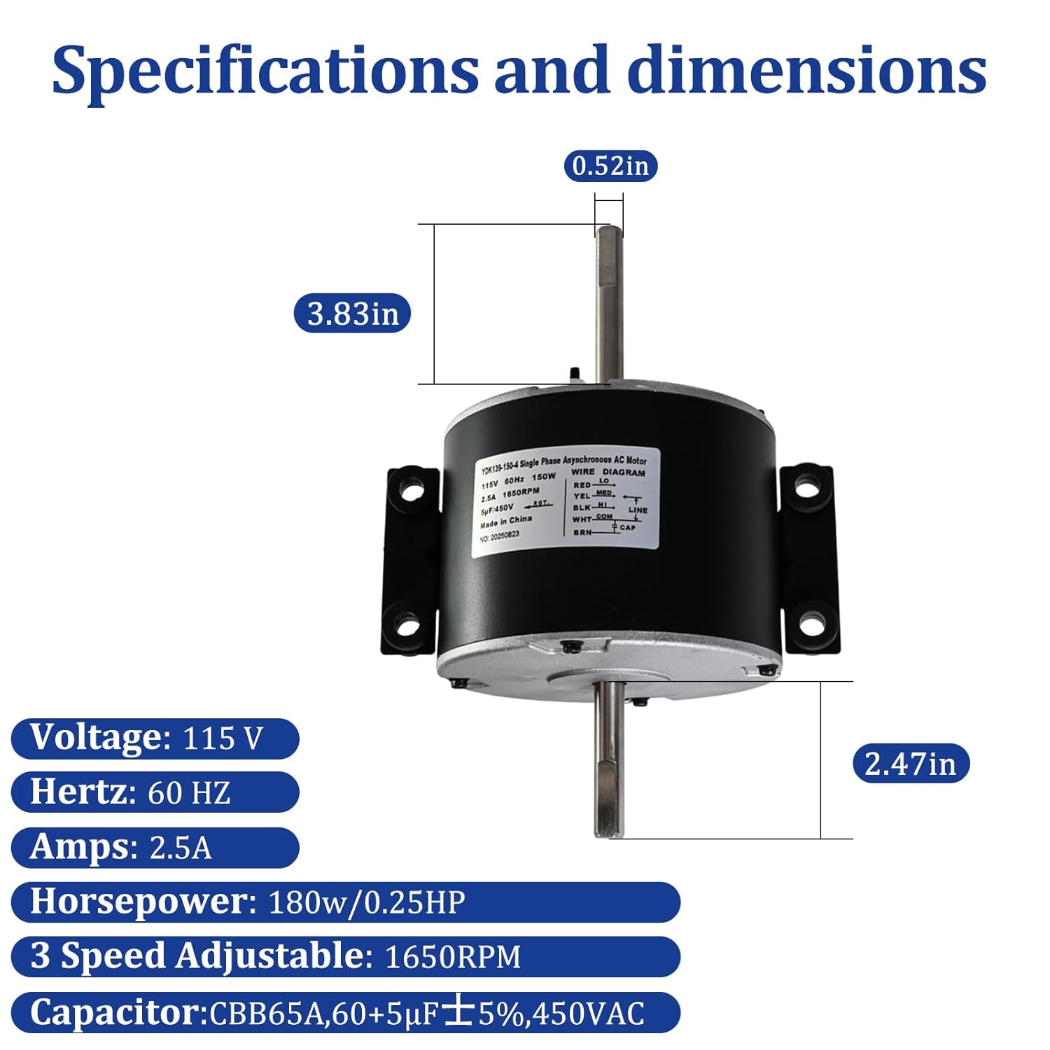Fan Motor 1/5 HP Replacement for 3315332.005 Broad Ocen